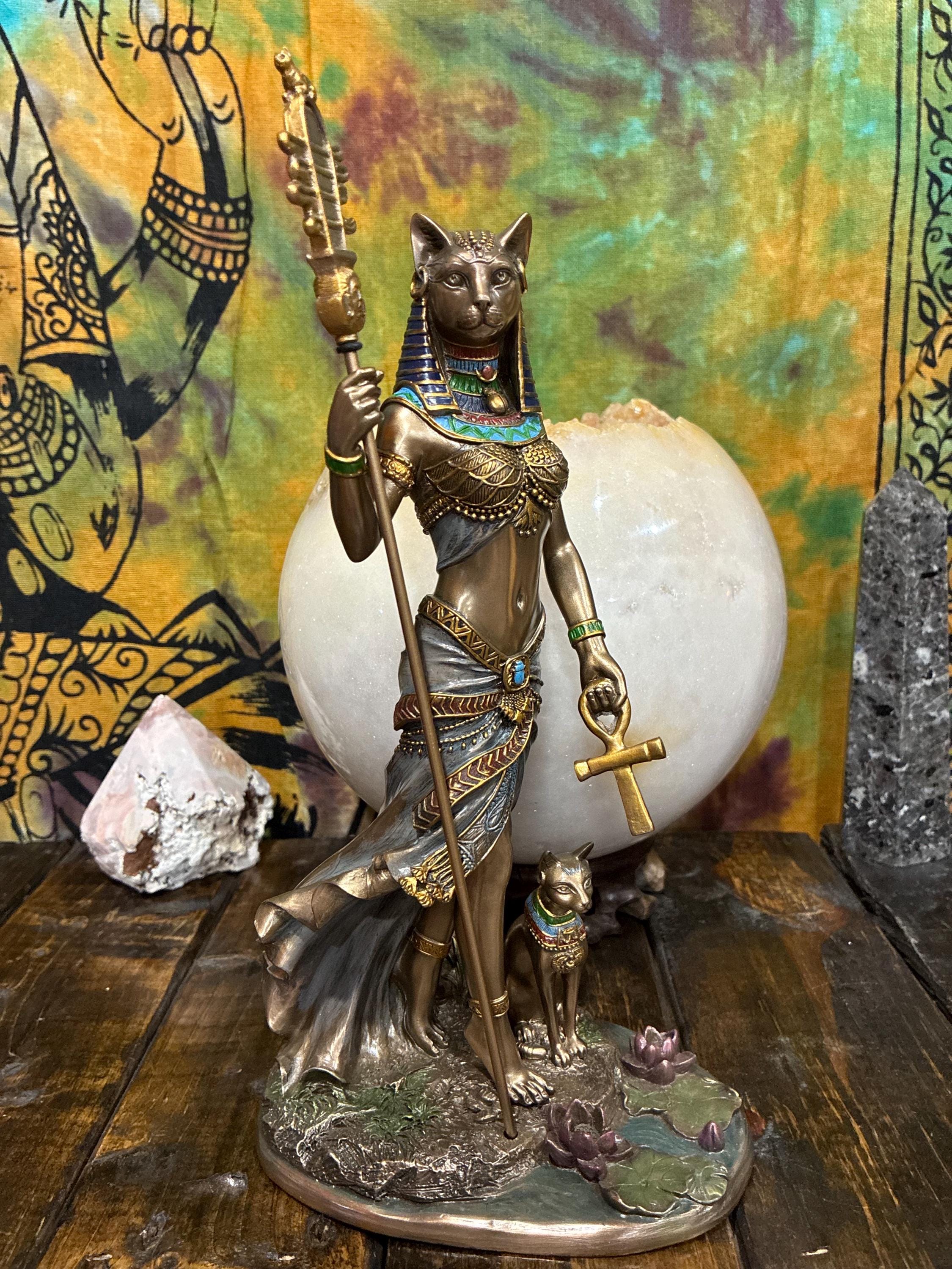 Bastet Statue 10 7/8" Bronze Cast Resin | Kemetic Cat Goddess Altar Decor, Home Blessings