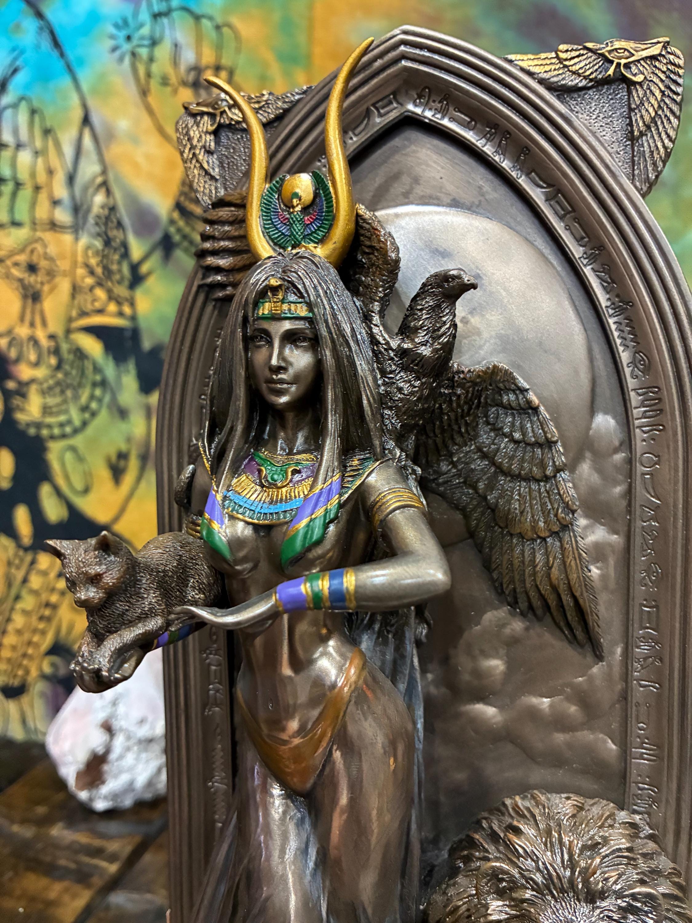Isis-Inspired Egyptian Priestess Statue 10 3/4” | Ankh Plaque Altar Art | Winged Guardian & Lion | Bronze Cast Resin | Sacred Feminine Decor