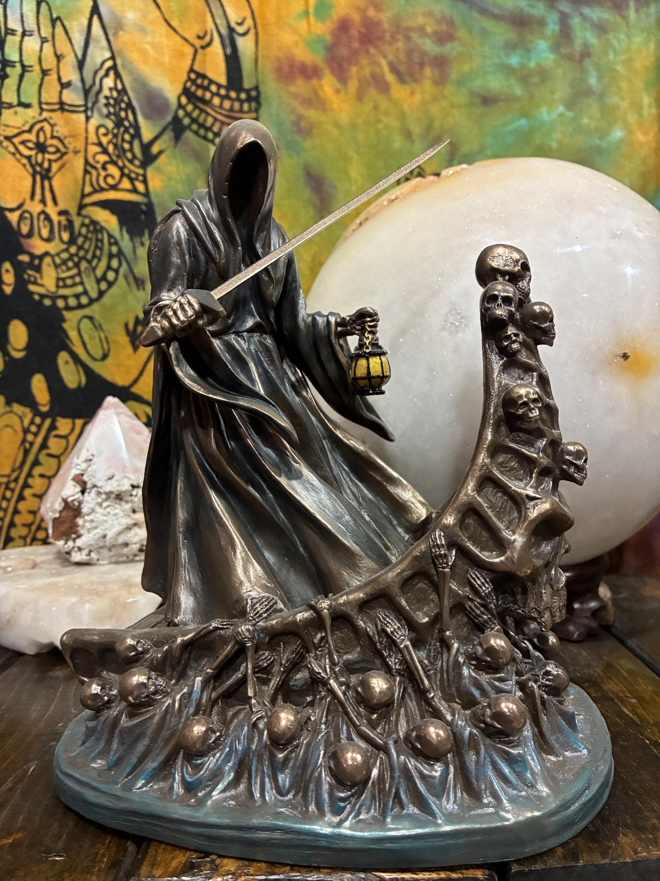 Dark Messenger Statue | Hooded Reaper with Sword & Lantern, Gothic Altar Decor