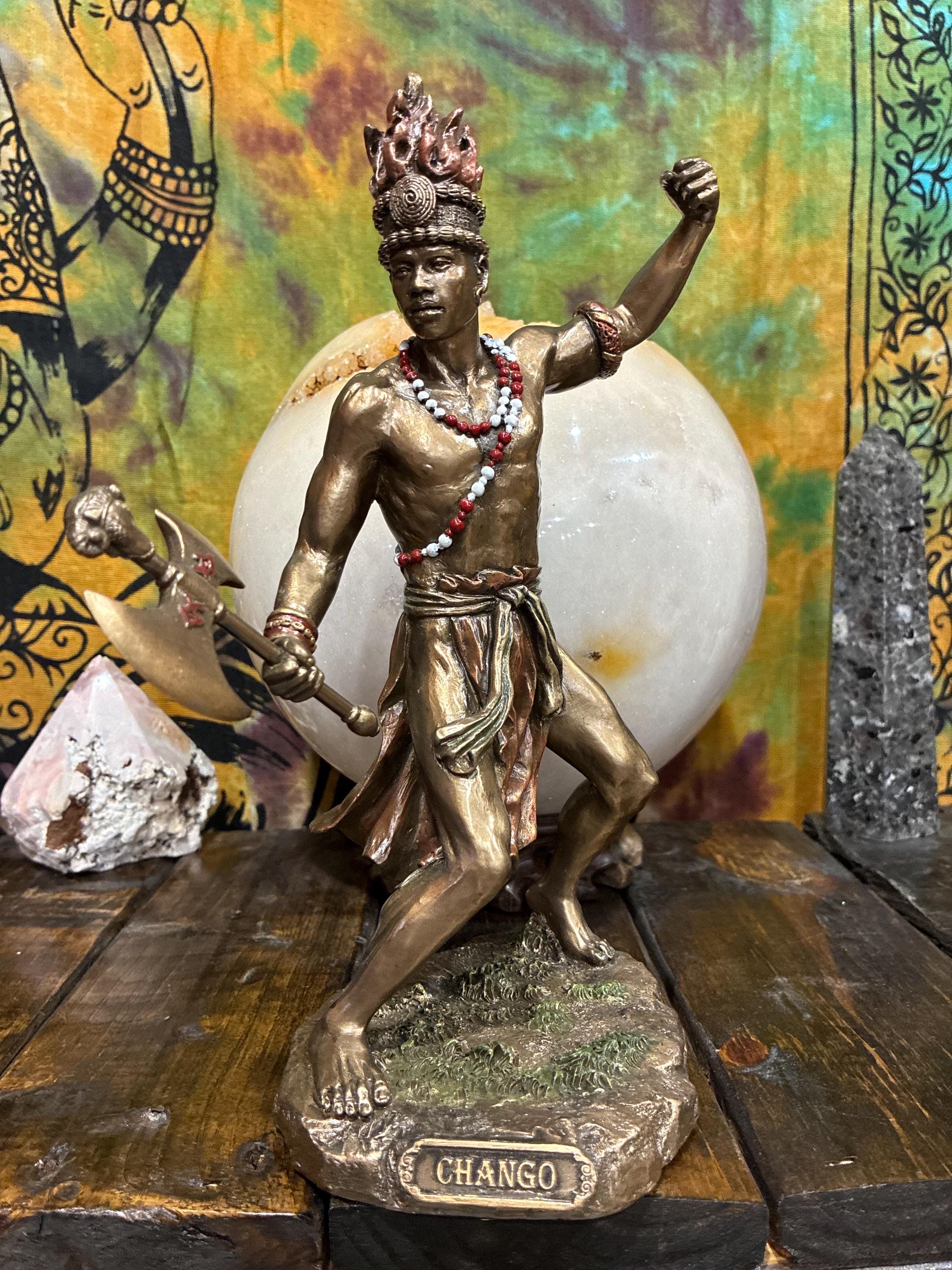 Orisha Changó Statue, Bronze Cast Resin, Double Axe, Spiritual Altar Decor