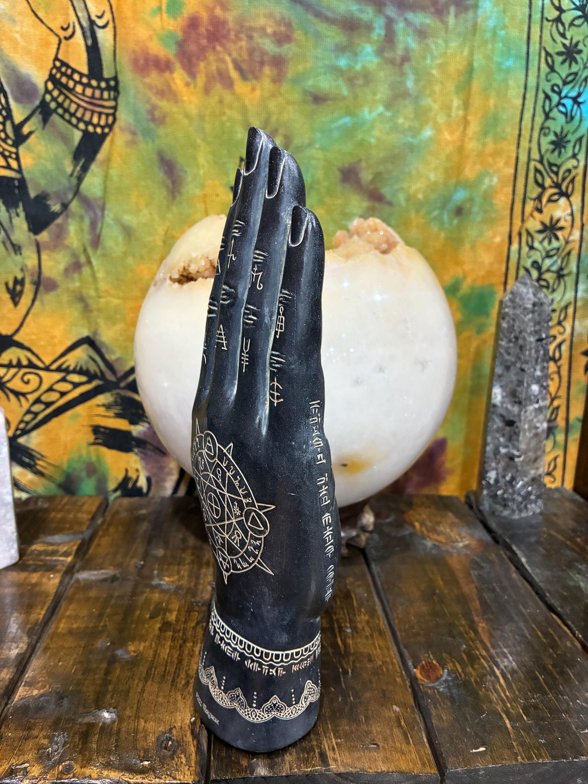 Mystic Hamsa Hand Statue | Black Gold Polystone Altar Decor, Astrology Symbols