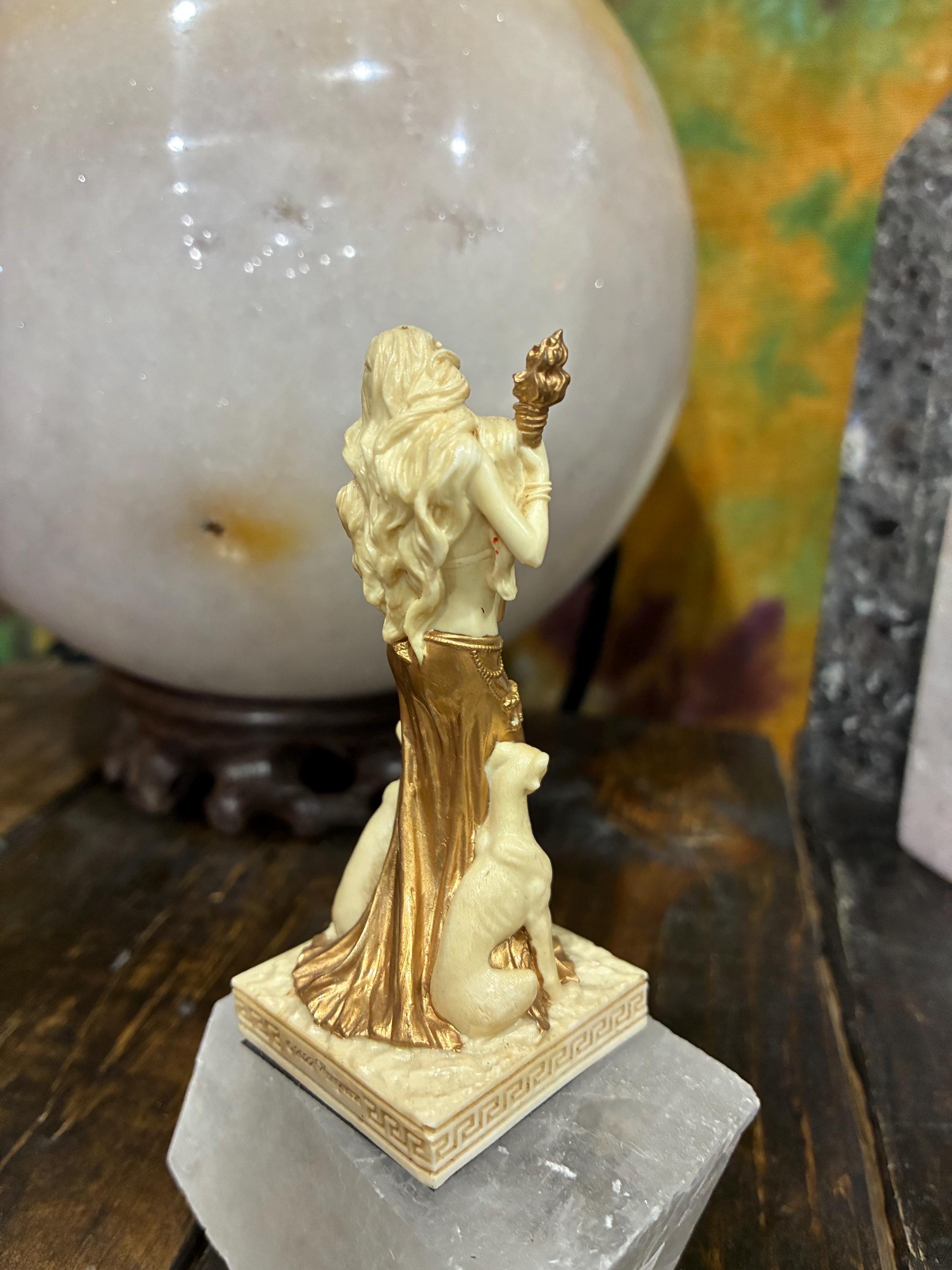 Cast Resin Hecate Statue | Greek Goddess Torch Serpent Altar Decor