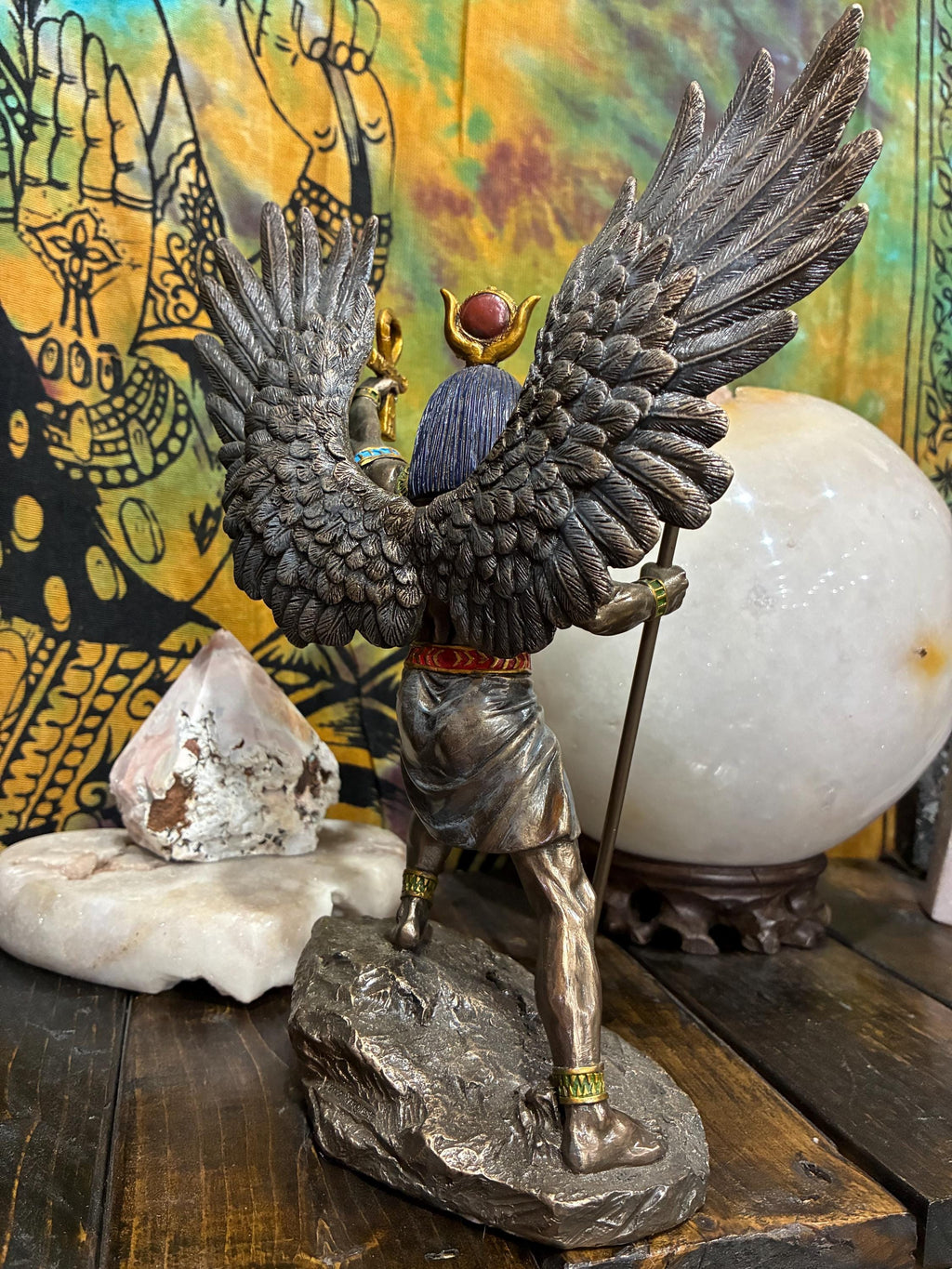 Ra Statue | Bronze Finish Egyptian Sun God with Wings, Ankh | Altar Decor