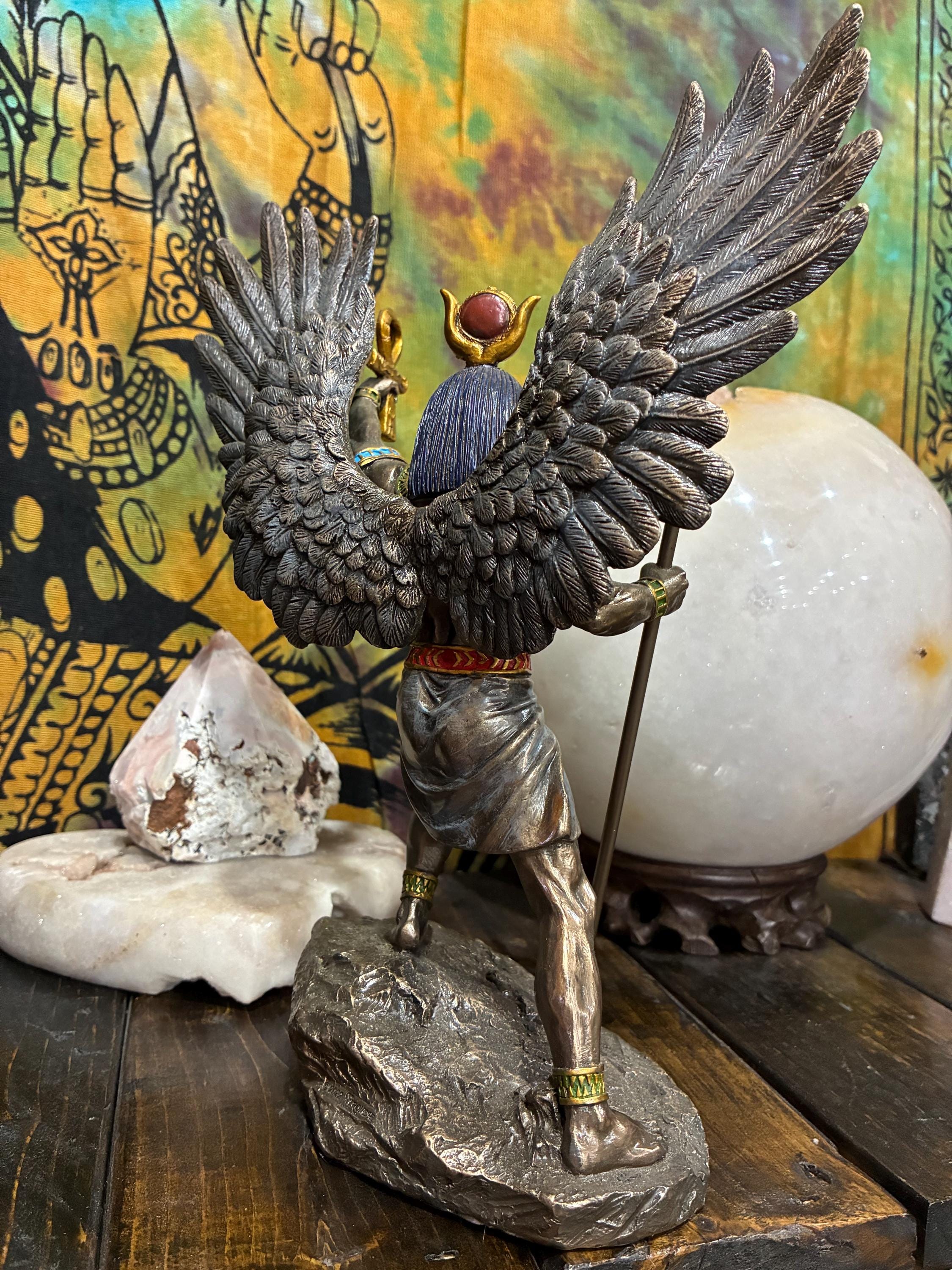 Ra Statue | Bronze Finish Egyptian Sun God with Wings, Ankh | Altar Decor