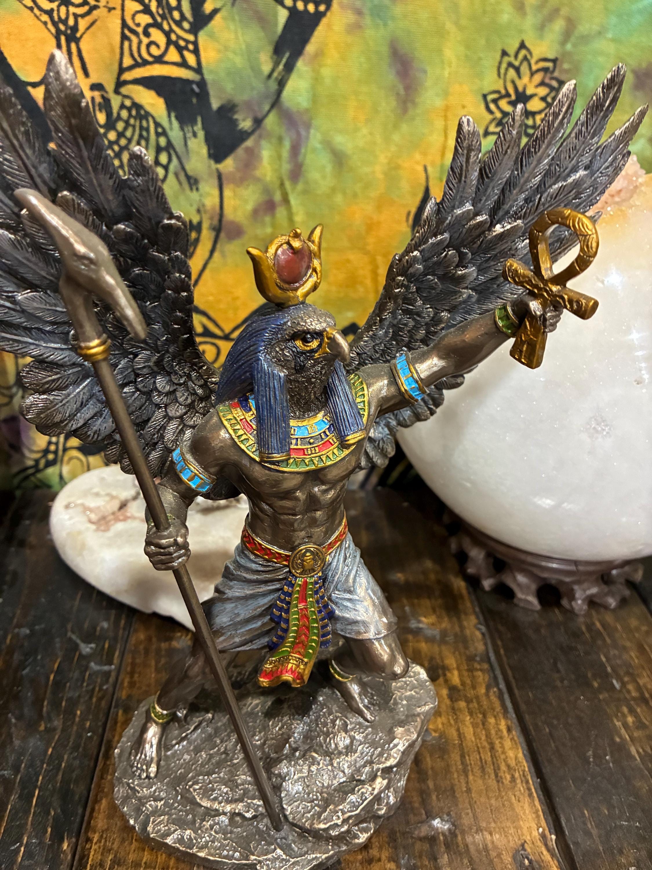 Ra Statue | Bronze Finish Egyptian Sun God with Wings, Ankh | Altar Decor