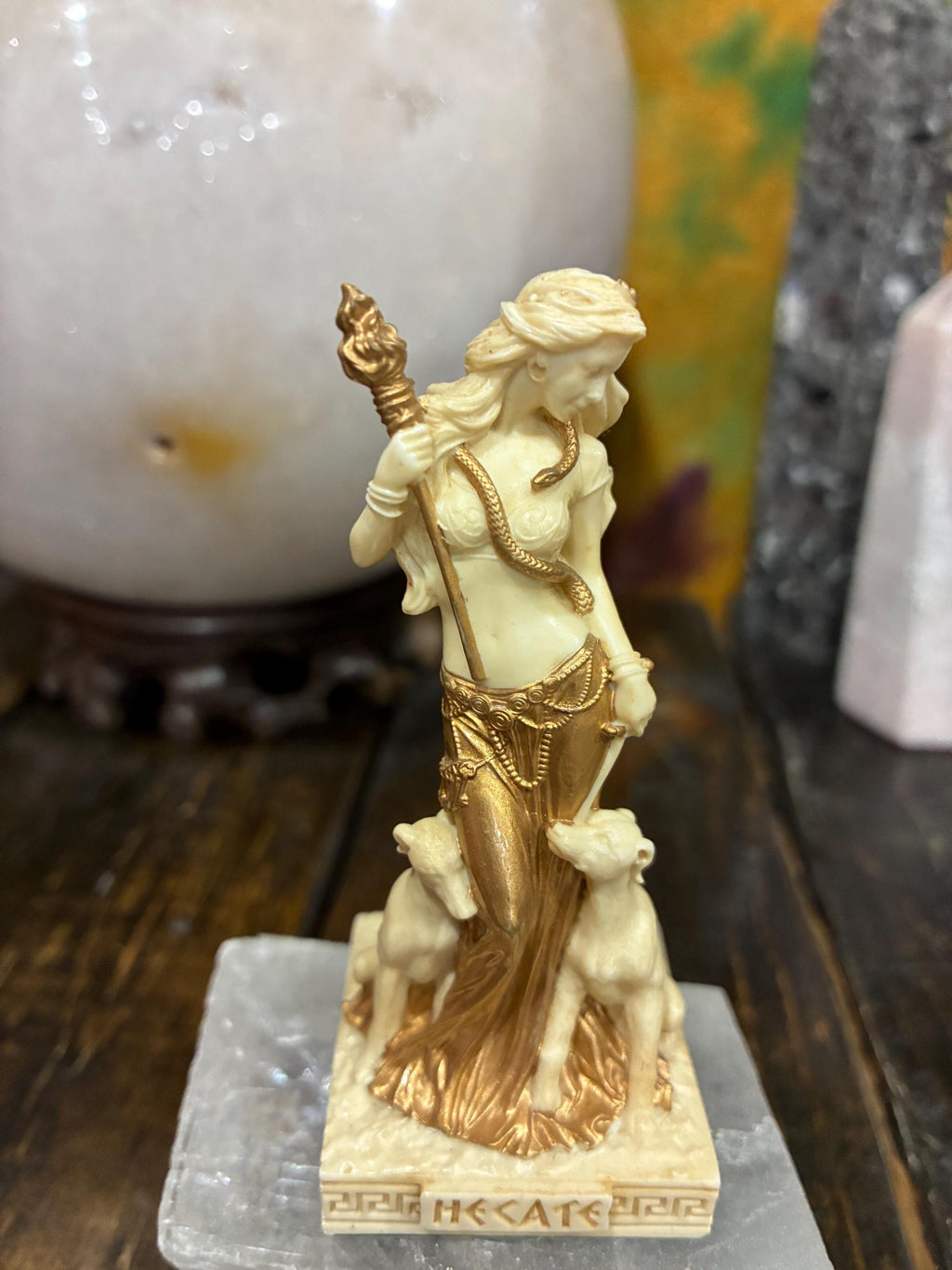 Cast Resin Hecate Statue | Greek Goddess Torch Serpent Altar Decor