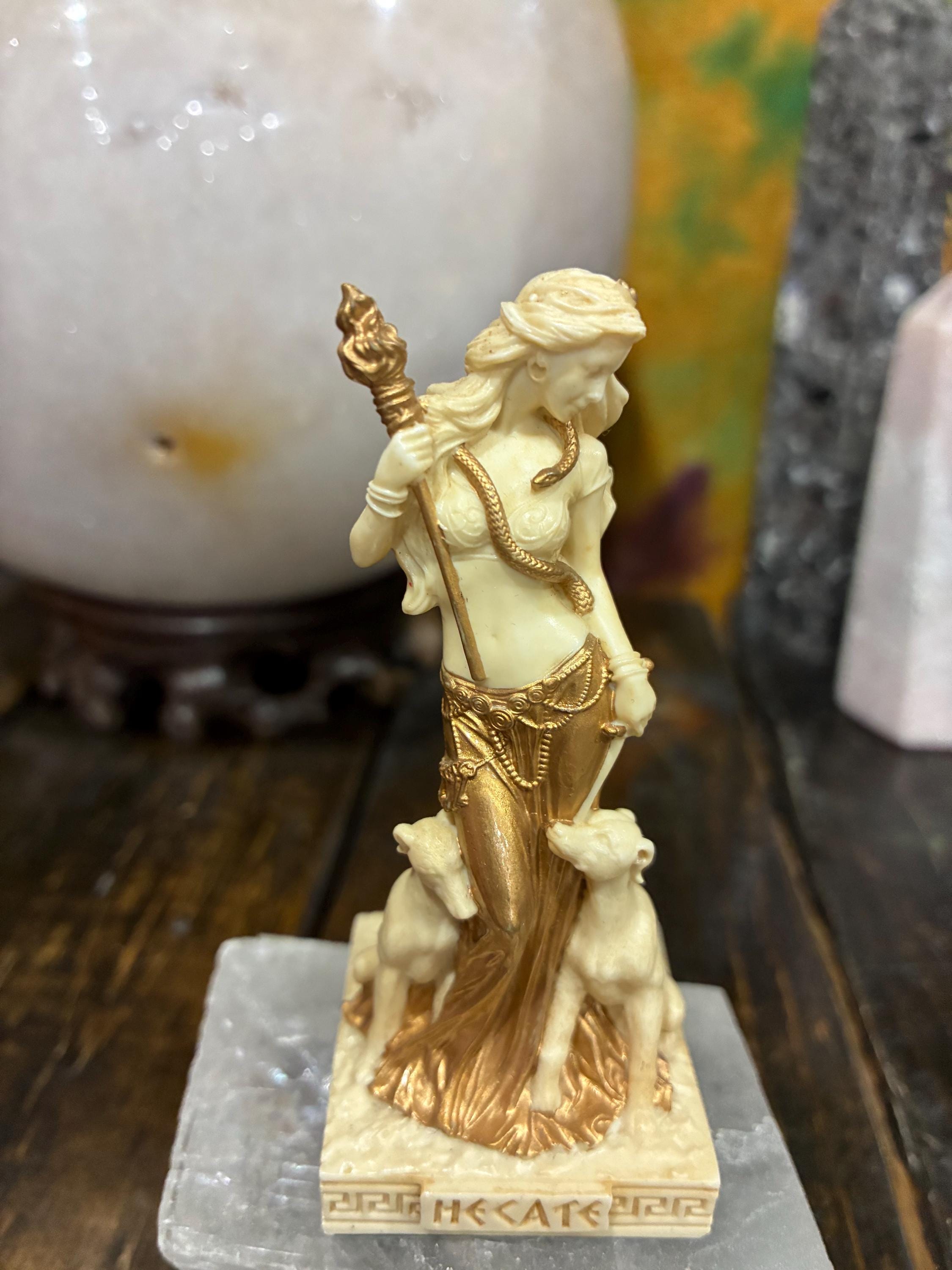 Cast Resin Hecate Statue | Greek Goddess Torch Serpent Altar Decor