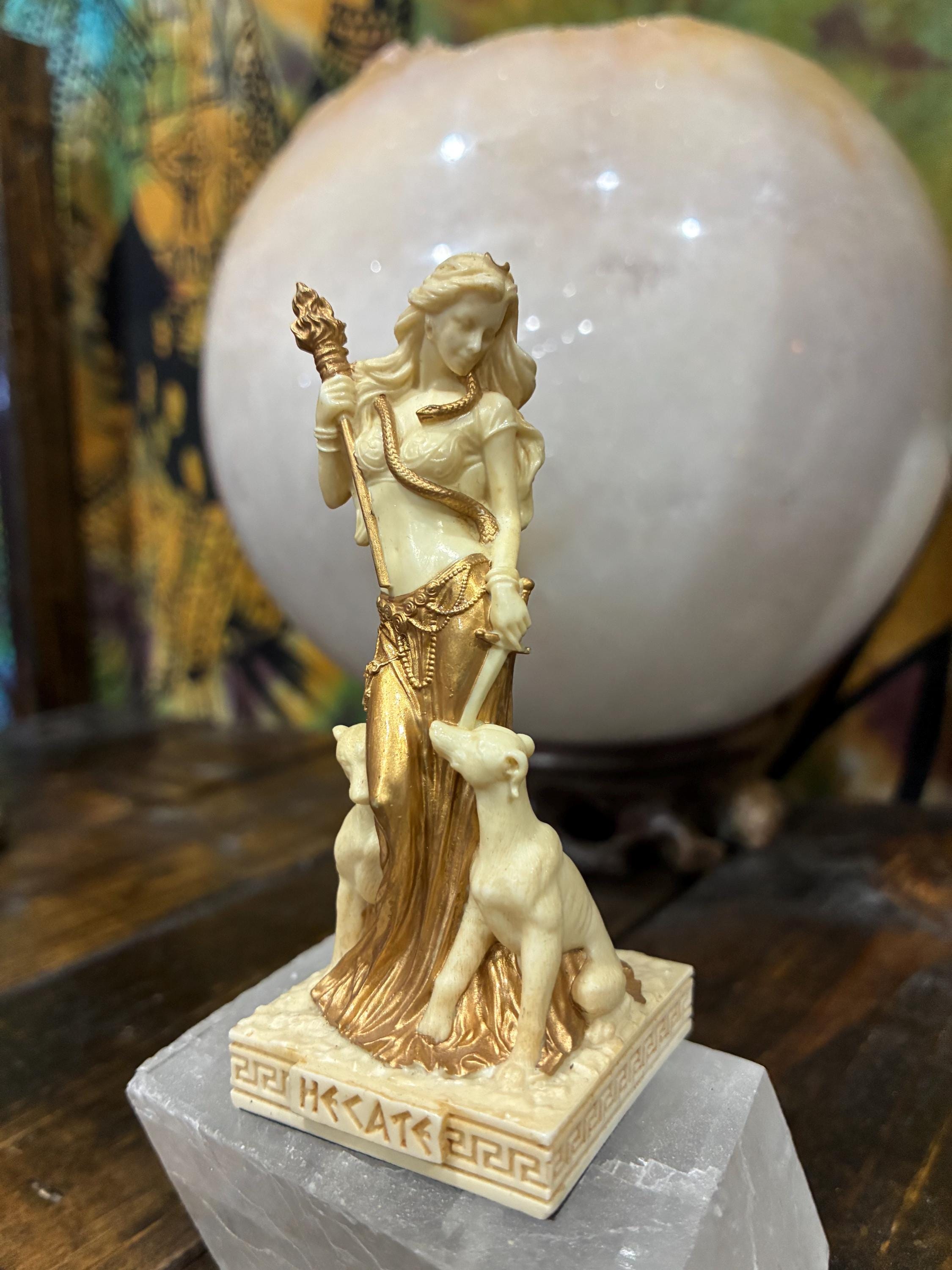 Cast Resin Hecate Statue | Greek Goddess Torch Serpent Altar Decor