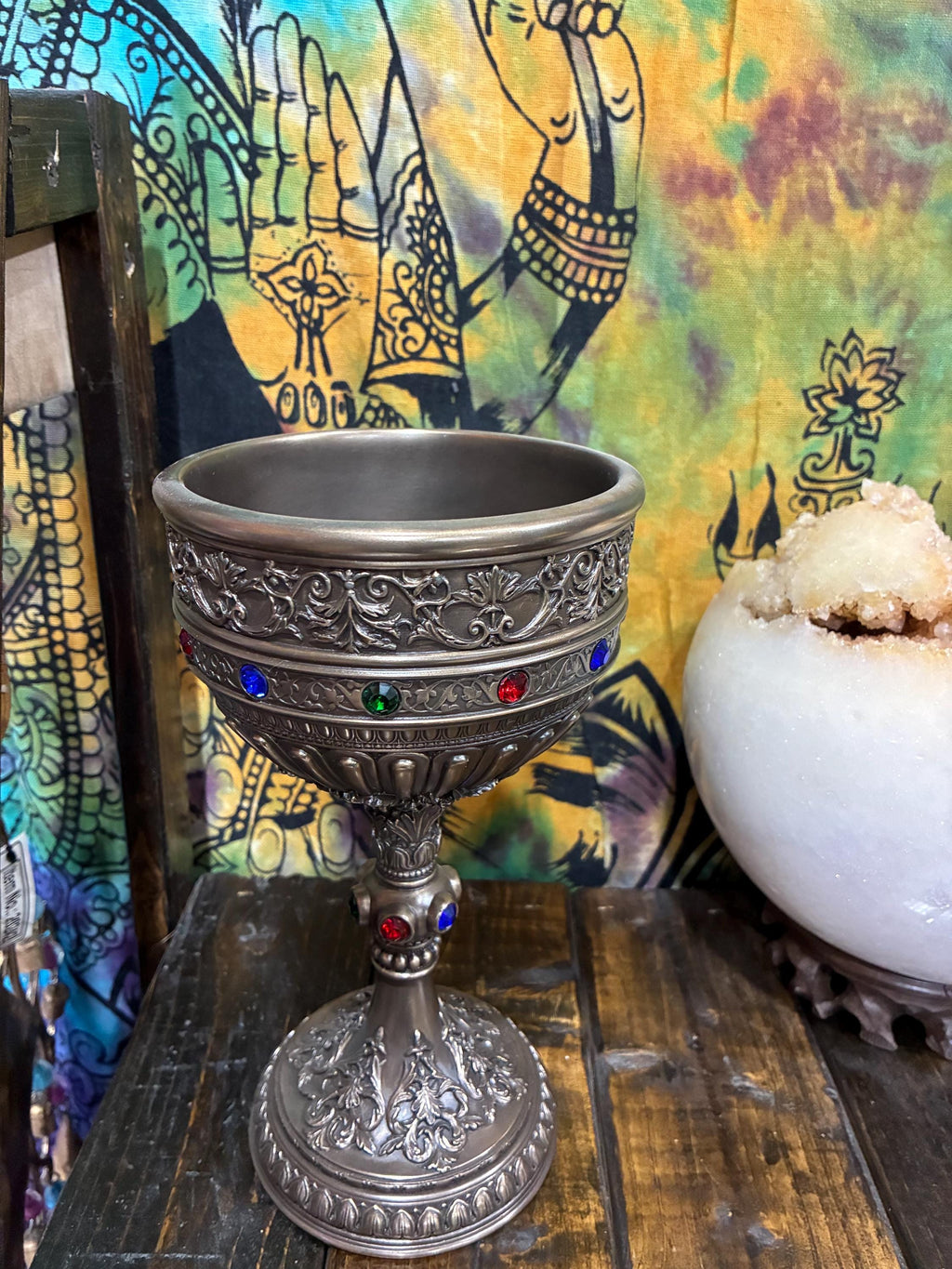 Holy Grail Chalice 8 7/8" | Pewter-Style Ornate Cup with Gems | Altar Ritual Decor