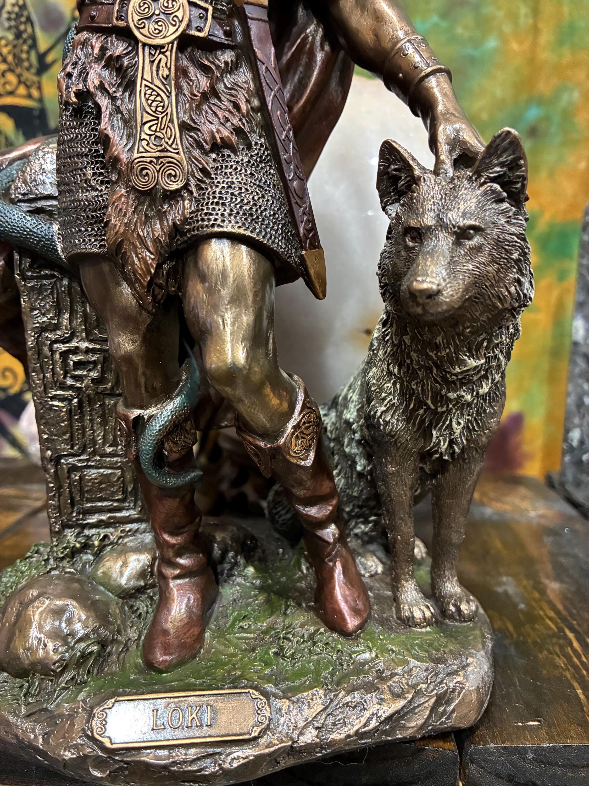 Loki Statue 13 7/8” | Norse Trickster God | Viking Altar Decor | Spear & Wolf Companion | Bronze Cast Resin | Mythology Gift
