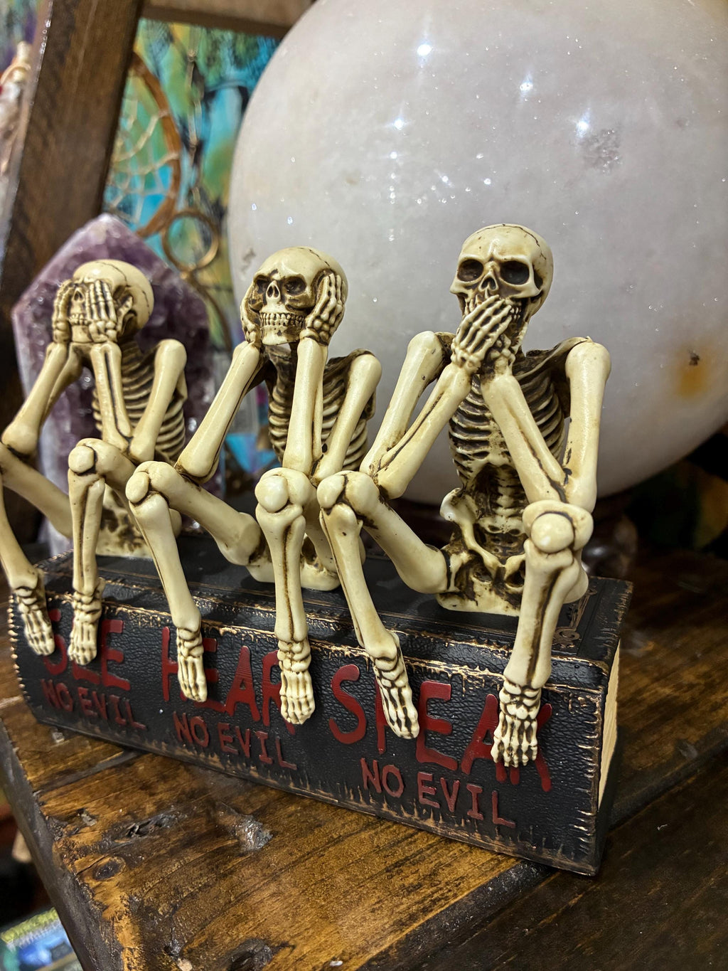 Hear See Speak No Evil Skeletons – Gothic Desk Decor, Resin Figurines (6" x 3" x 4.75")