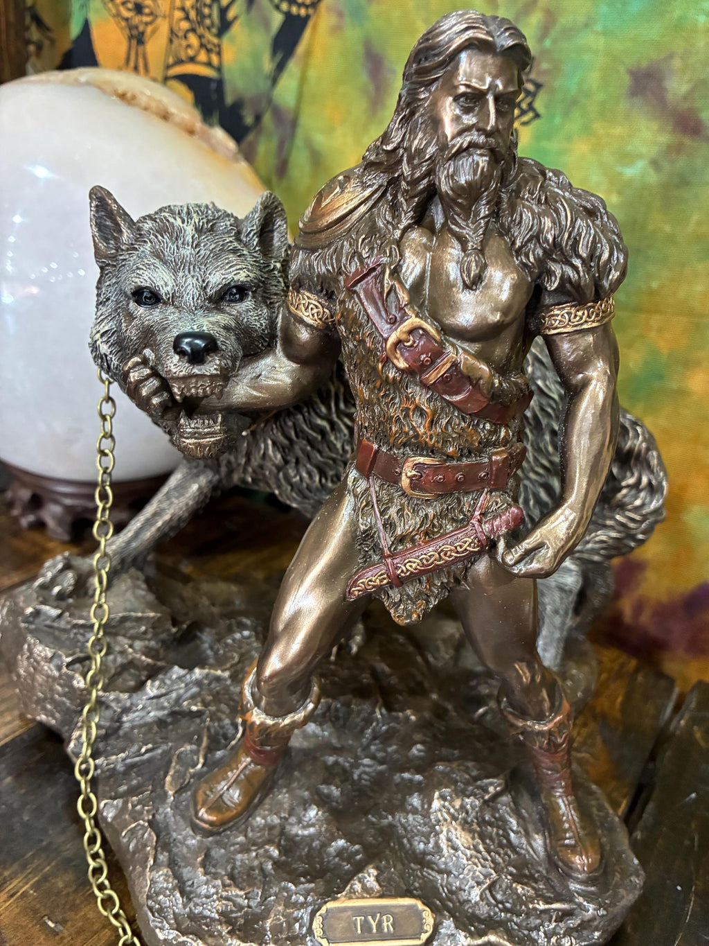 Týr Statue – Norse God of War, Justice, Fenrir Wolf Scene, Resin Viking Decor