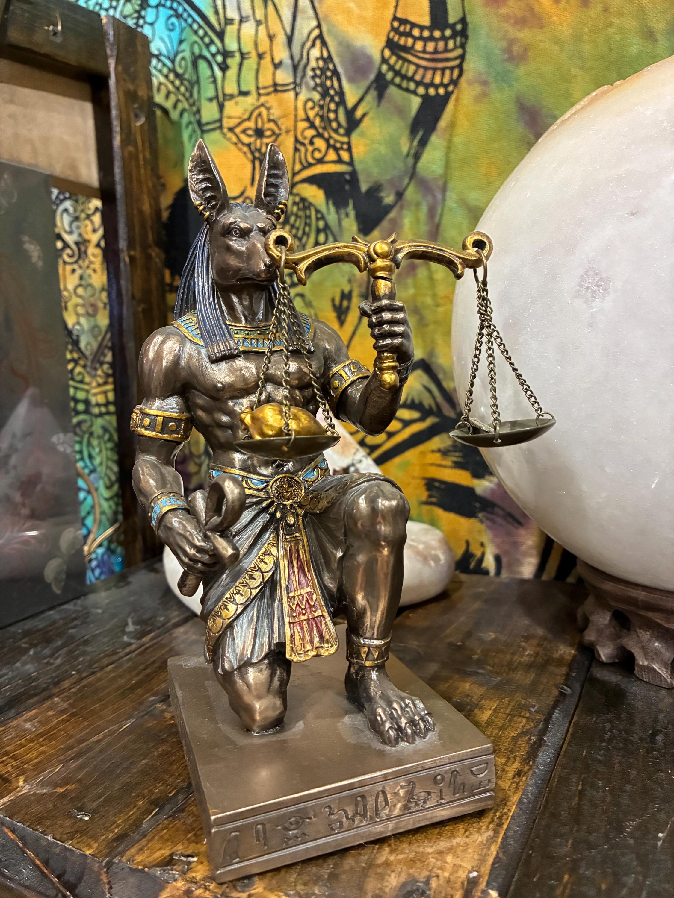 Anubis Kneeling Statue w/ Scales | Bronze-Tone Egyptian God Figurine, Gothic Altar Decor