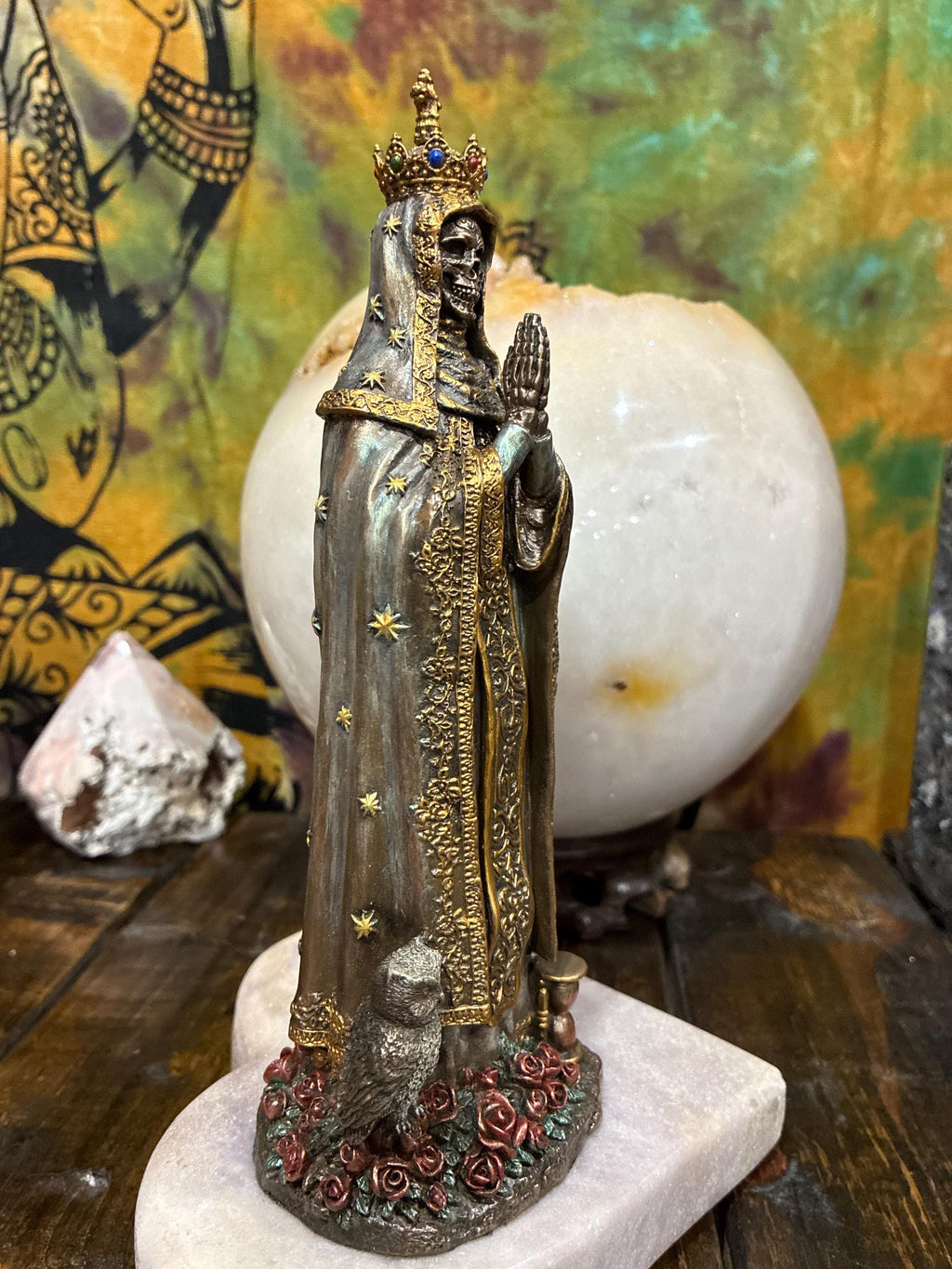Santa Muerte Statue, Crowned Skeleton Prayer Figure, Bronze Cast Resin Altar Decor