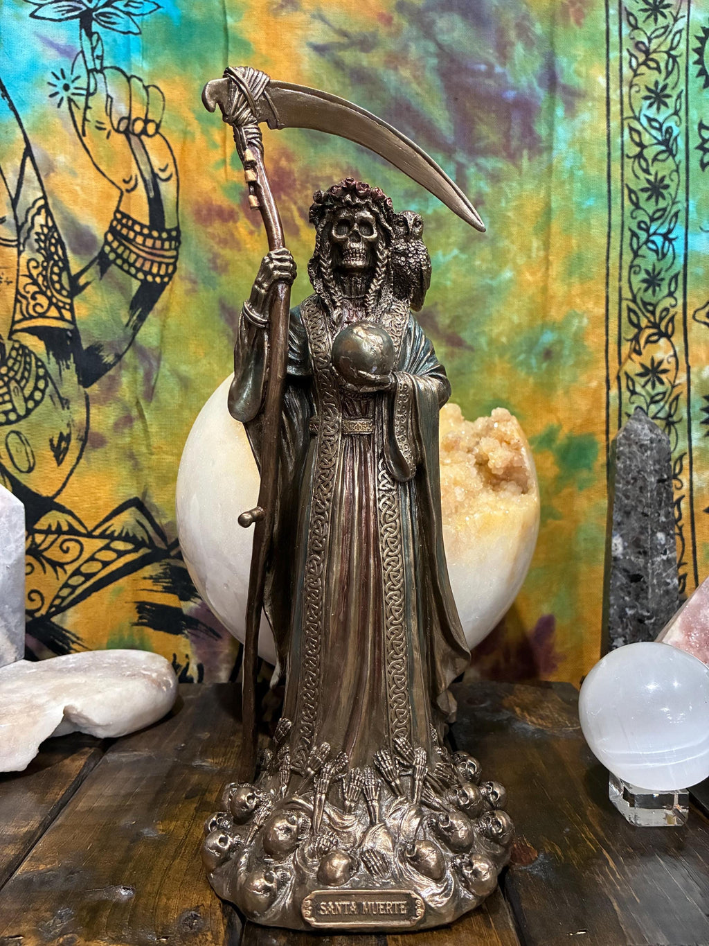 Santa Muerte Statue - Veronese Collection Bronze Finish - Holy Death Altar Figure with Owl & Scythe - 10" Resin Devotional Statue for Pro