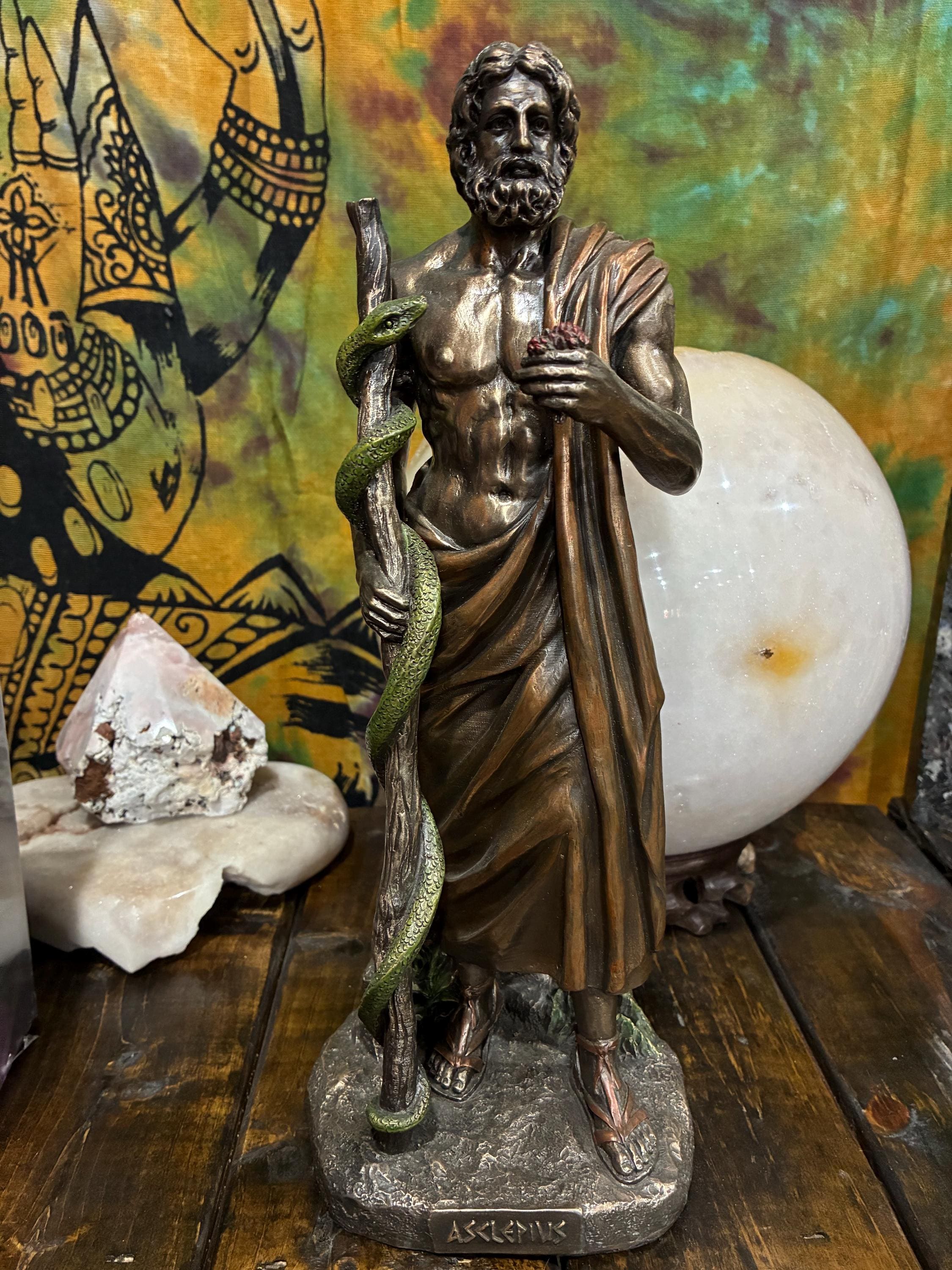 Asclepius Statue | Bronze Finish Greek God of Healing, Serpent Staff