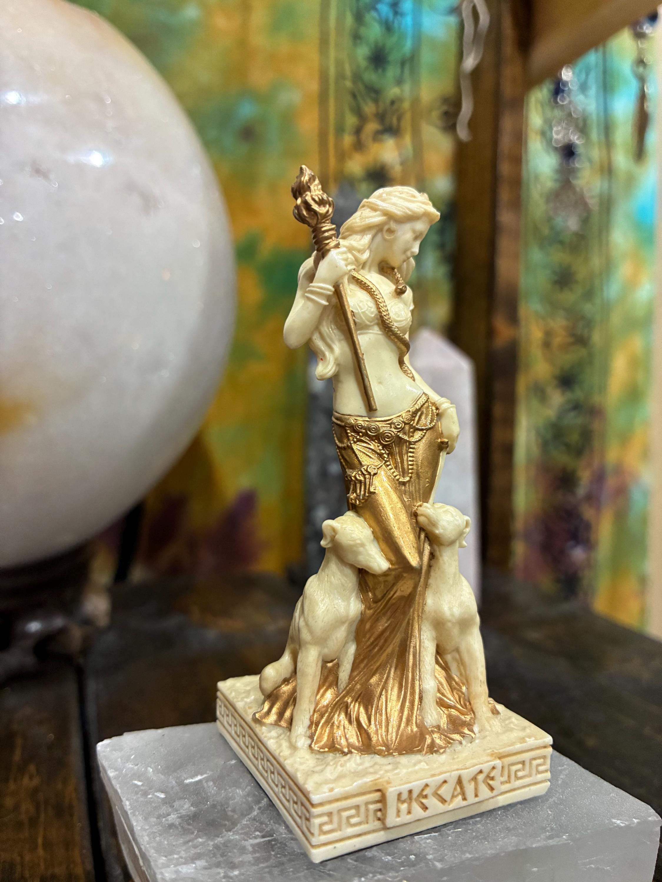 Cast Resin Hecate Statue | Greek Goddess Torch Serpent Altar Decor