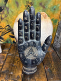 Mystic Hamsa Hand Statue | Black Gold Polystone Altar Decor, Astrology Symbols