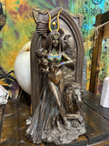 Isis-Inspired Egyptian Priestess Statue 10 3/4” | Ankh Plaque Altar Art | Winged Guardian & Lion | Bronze Cast Resin | Sacred Feminine Decor