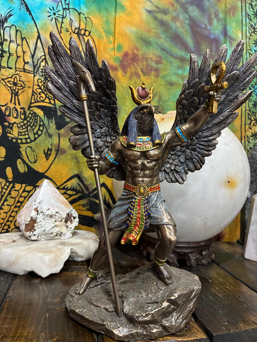 Ra Statue | Bronze Finish Egyptian Sun God with Wings, Ankh | Altar Decor