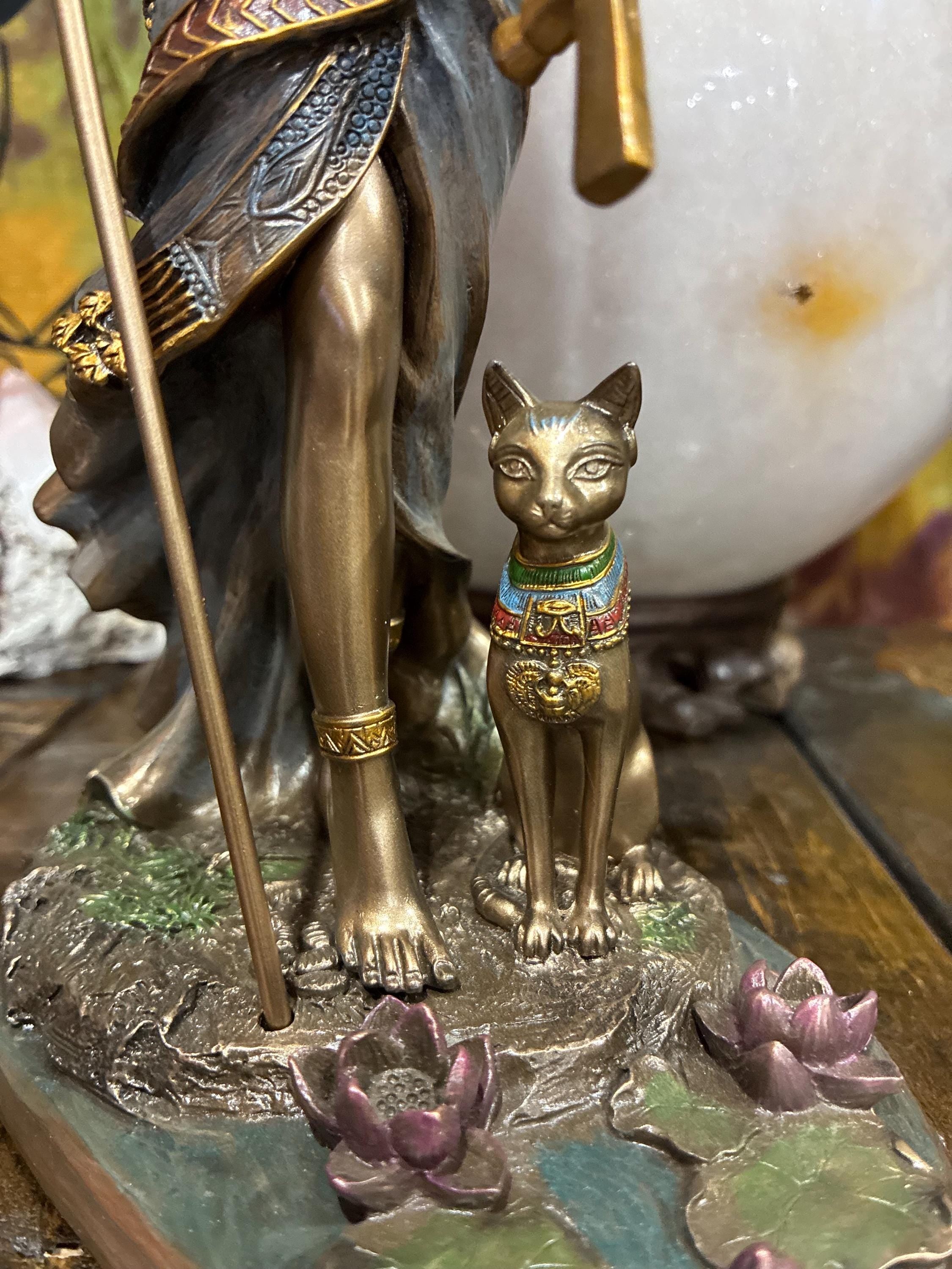 Bastet Statue 10 7/8" Bronze Cast Resin | Kemetic Cat Goddess Altar Decor, Home Blessings