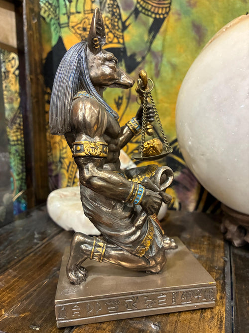 Anubis Kneeling Statue w/ Scales | Bronze-Tone Egyptian God Figurine, Gothic Altar Decor