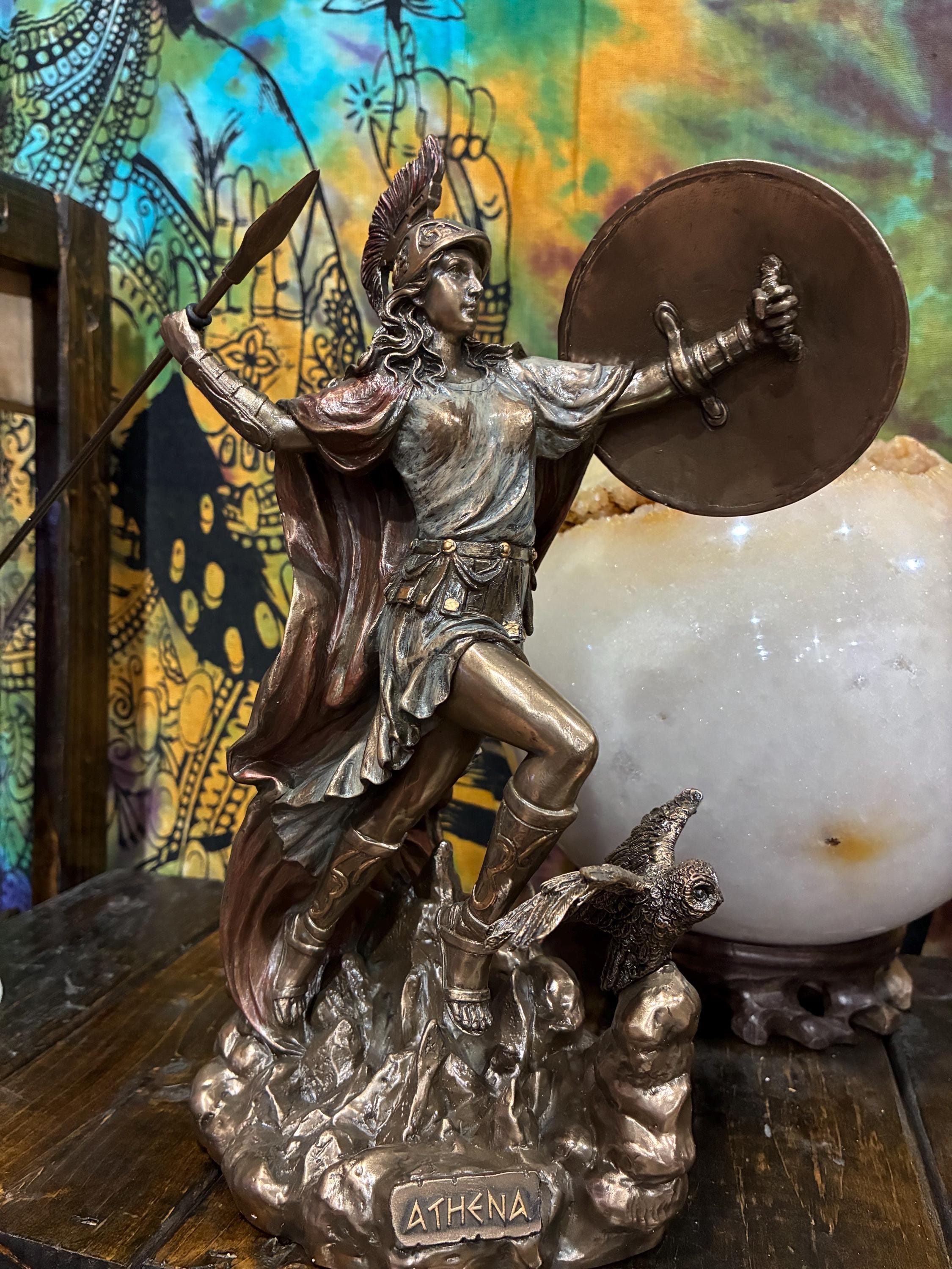 Athena Goddess Statue 10 1/4 Inch | Owl of Wisdom Figurine | Greek Mythology Altar Decor | Protection Courage Strategy | Spiritual Gift