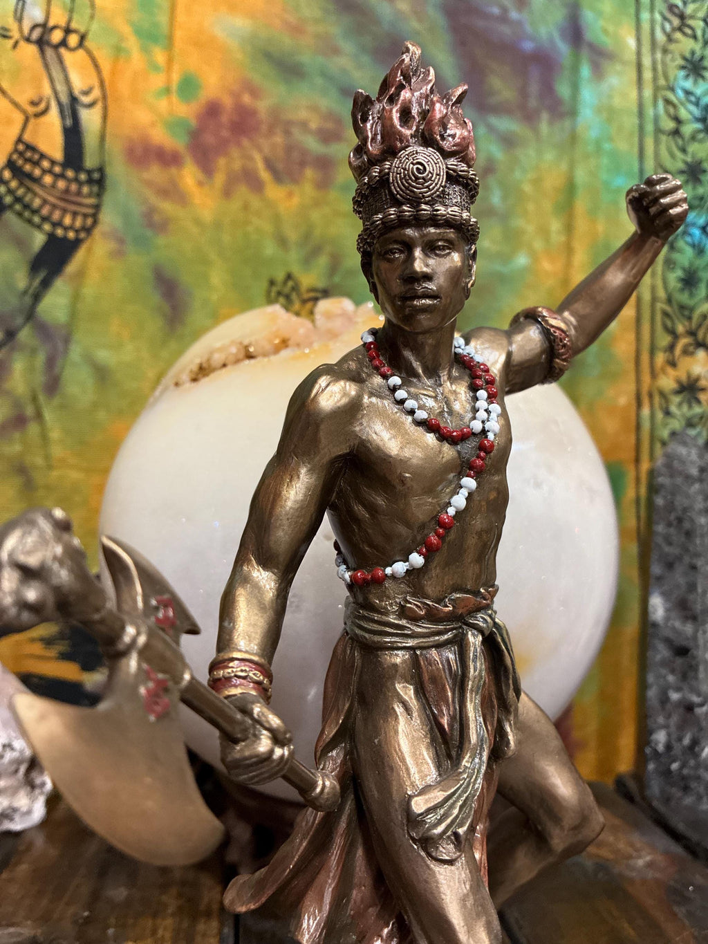 Orisha Changó Statue, Bronze Cast Resin, Double Axe, Spiritual Altar Decor