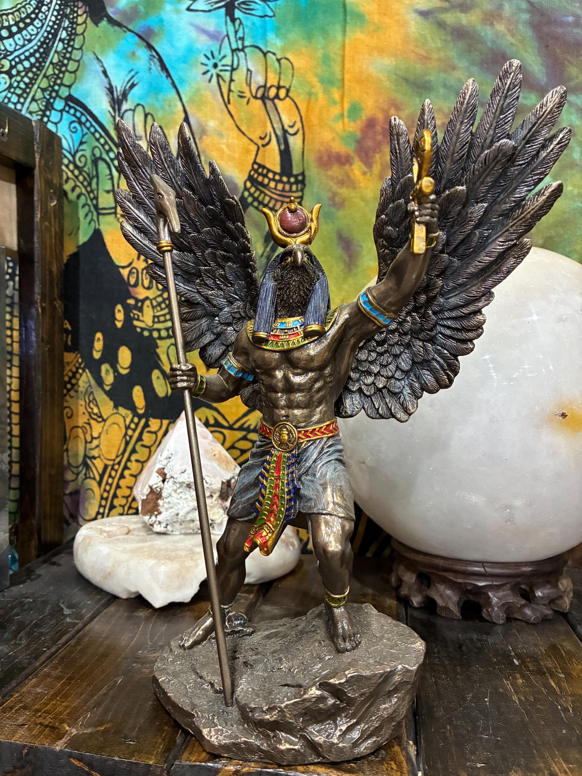 Ra Statue | Bronze Finish Egyptian Sun God with Wings, Ankh | Altar Decor