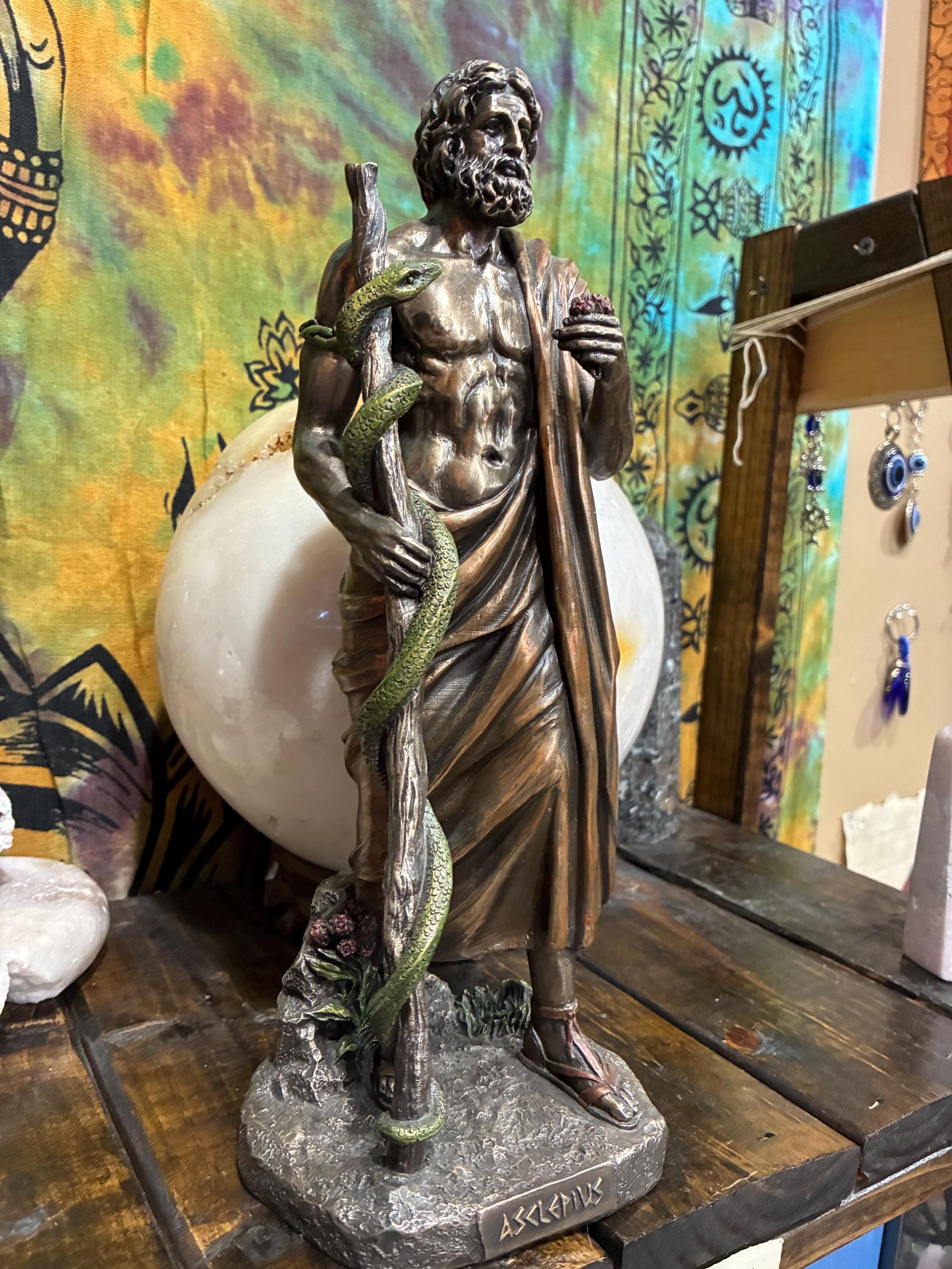 Asclepius Statue | Bronze Finish Greek God of Healing, Serpent Staff