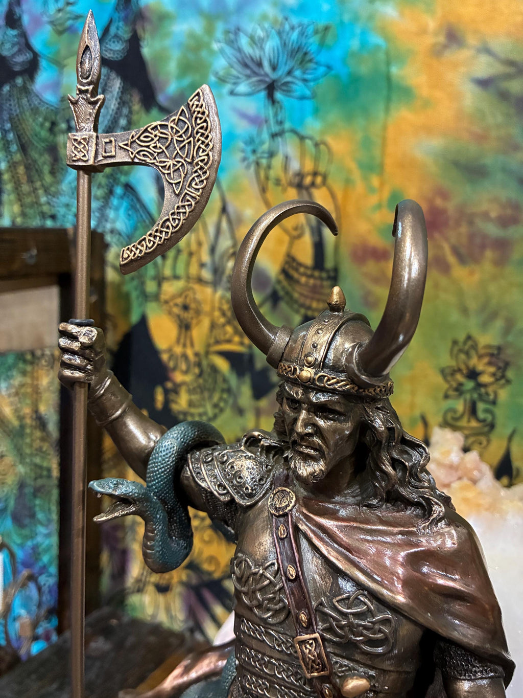 Loki Statue 13 7/8” | Norse Trickster God | Viking Altar Decor | Spear & Wolf Companion | Bronze Cast Resin | Mythology Gift