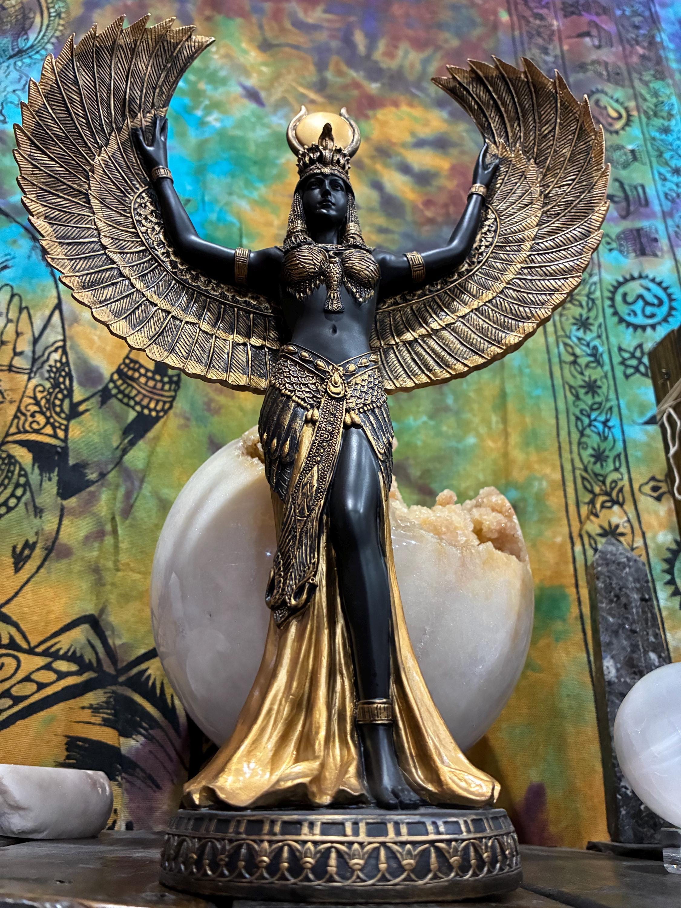 Egyptian Goddess Isis Statue with Wings - Black & Gold Altar Figurine - Spiritual Home Decor - Divine Feminine Energy