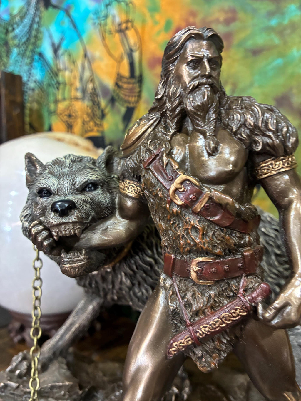 Týr Statue – Norse God of War, Justice, Fenrir Wolf Scene, Resin Viking Decor