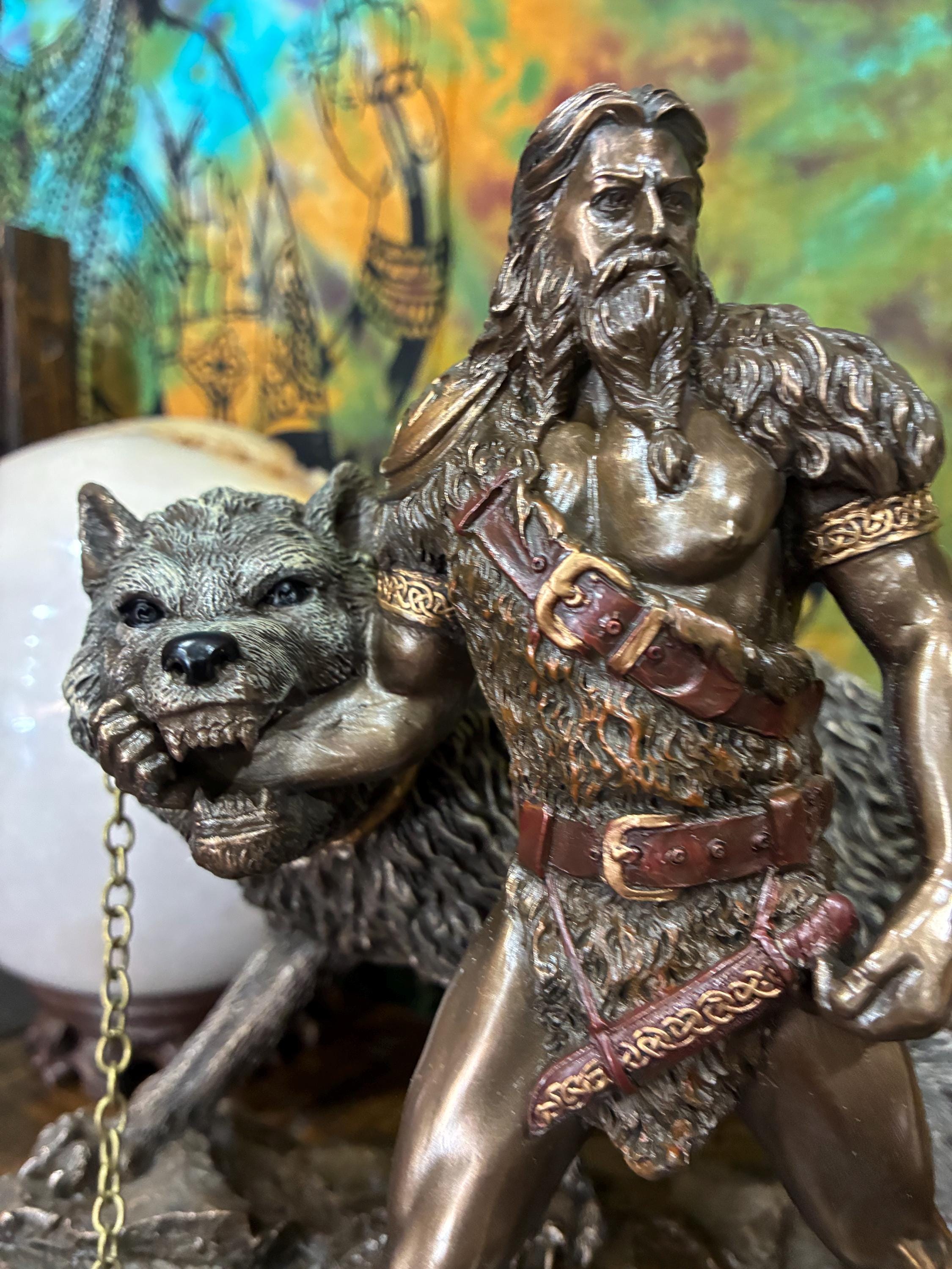 Týr Statue – Norse God of War, Justice, Fenrir Wolf Scene, Resin Viking Decor