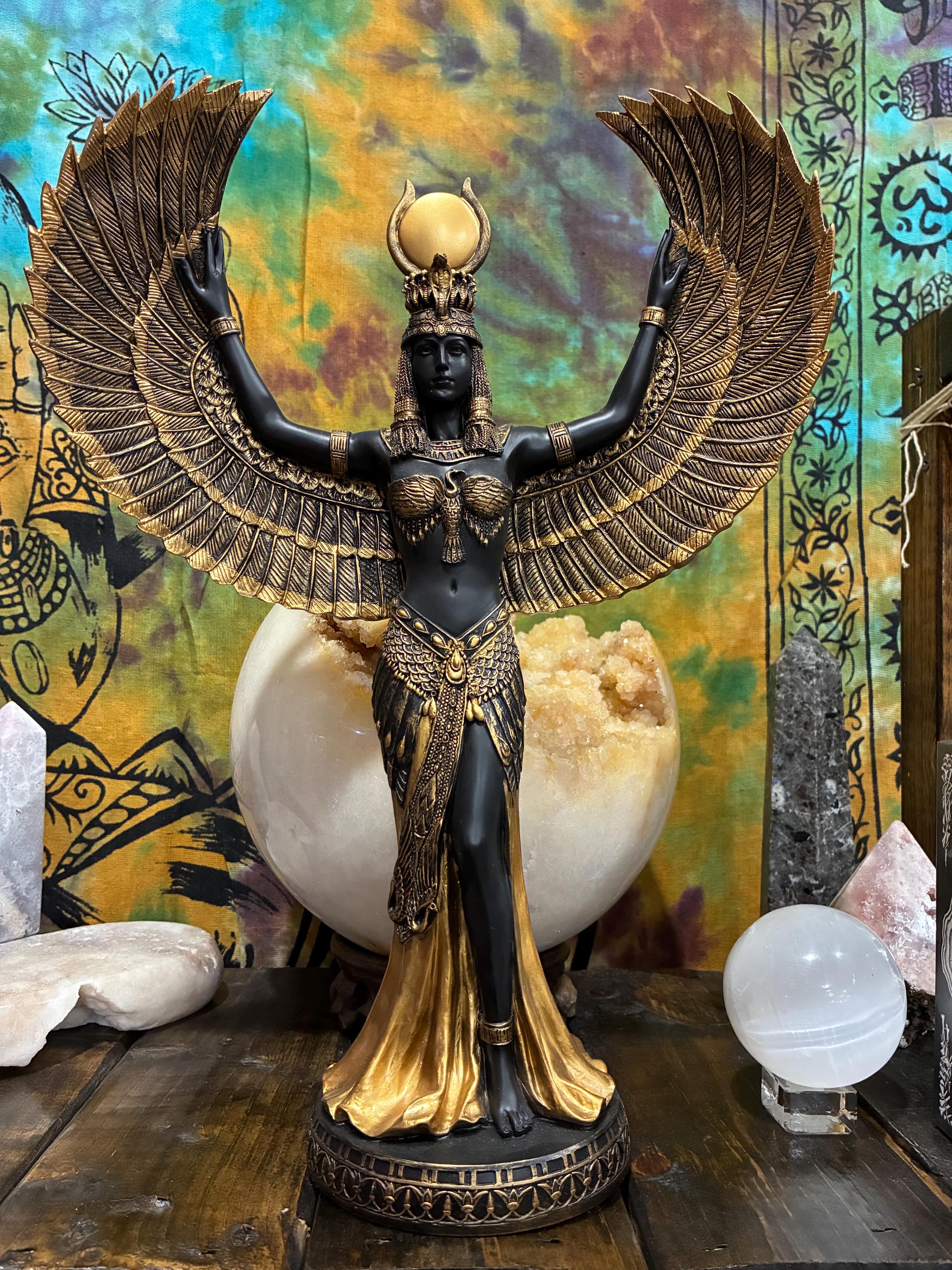 Egyptian Goddess Isis Statue with Wings - Black & Gold Altar Figurine - Spiritual Home Decor - Divine Feminine Energy