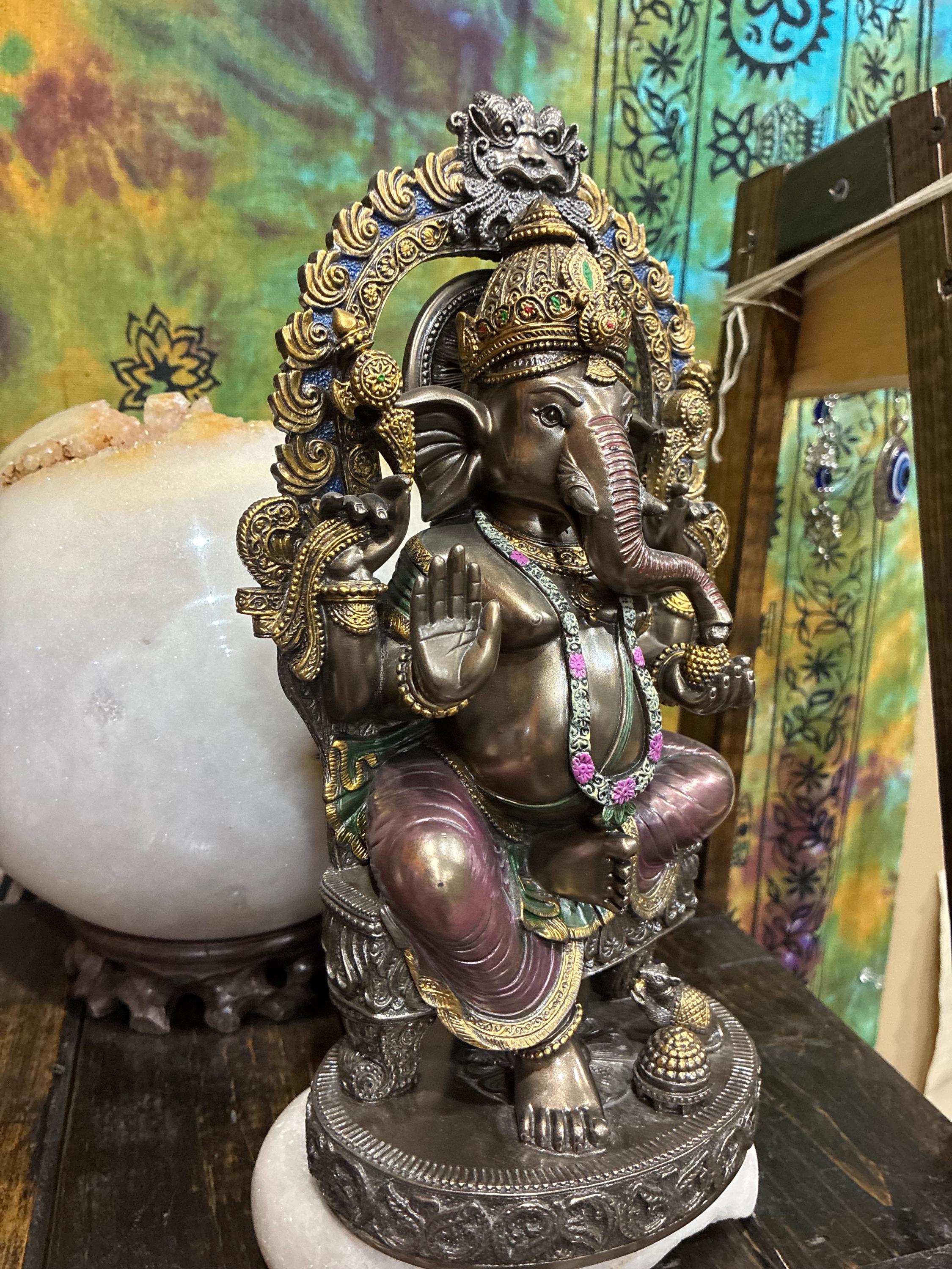Ganesha Statue | Bronze Cast Resin, Lotus Base, Hindu Altar Decor