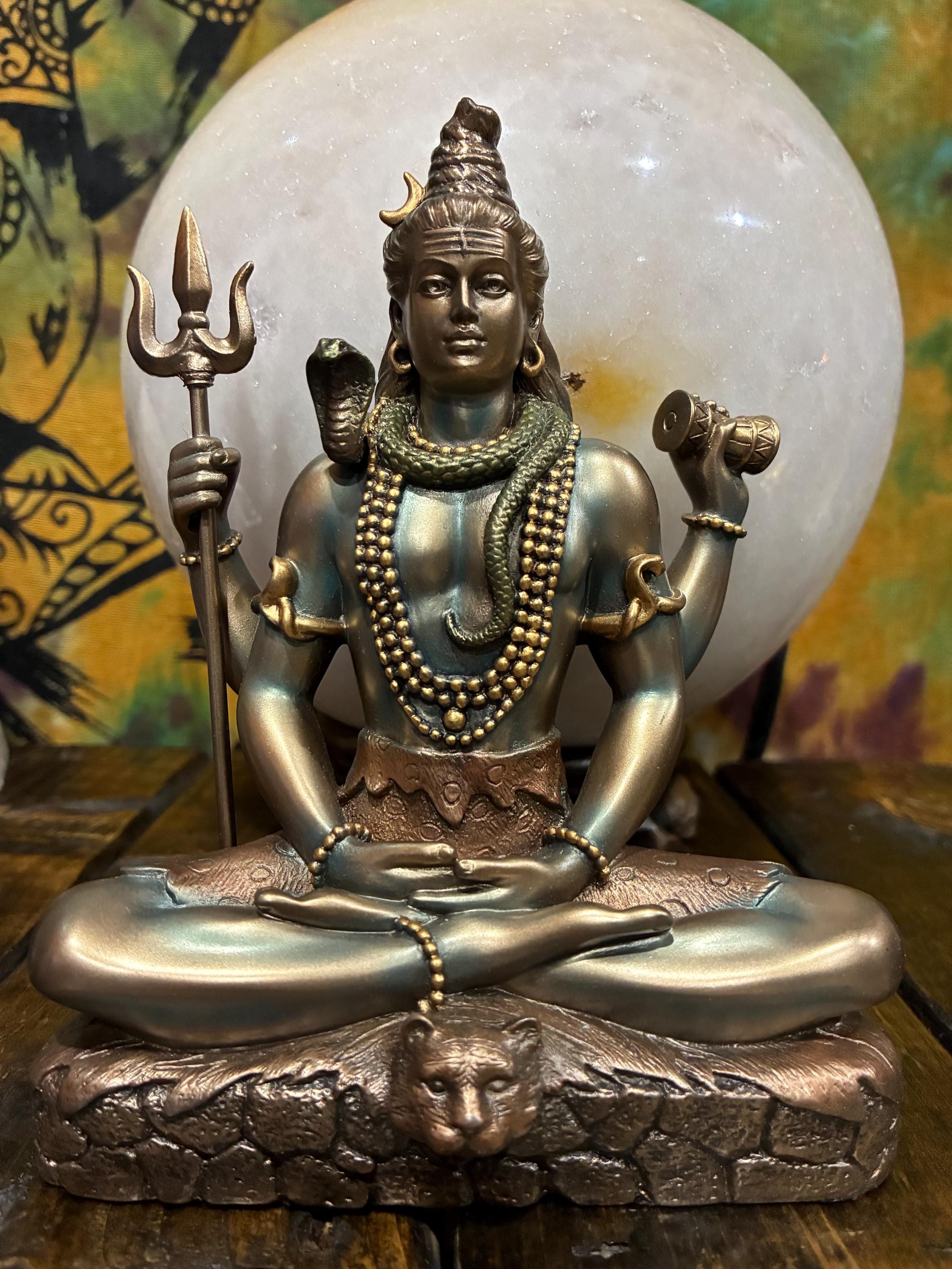Shiva Statue — 6 1/4” (Meditation Pose) | Hindu Deity Altar Decor | Trident + Drum |