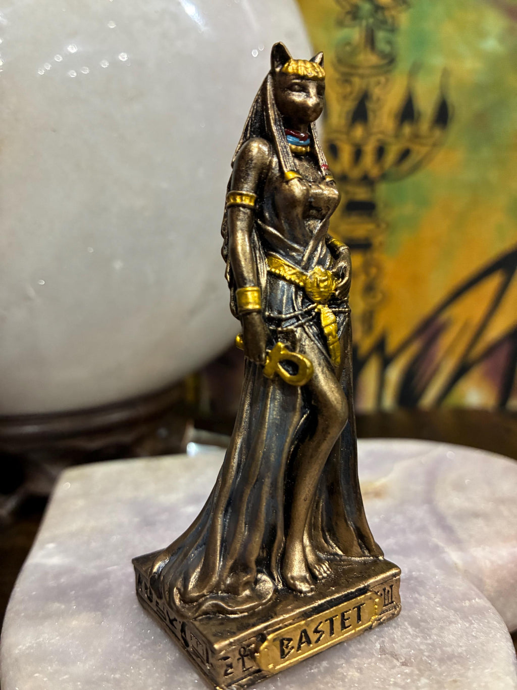 Mini Bastet Statue – Egyptian Cat Goddess Figurine, Resin Altar Decor