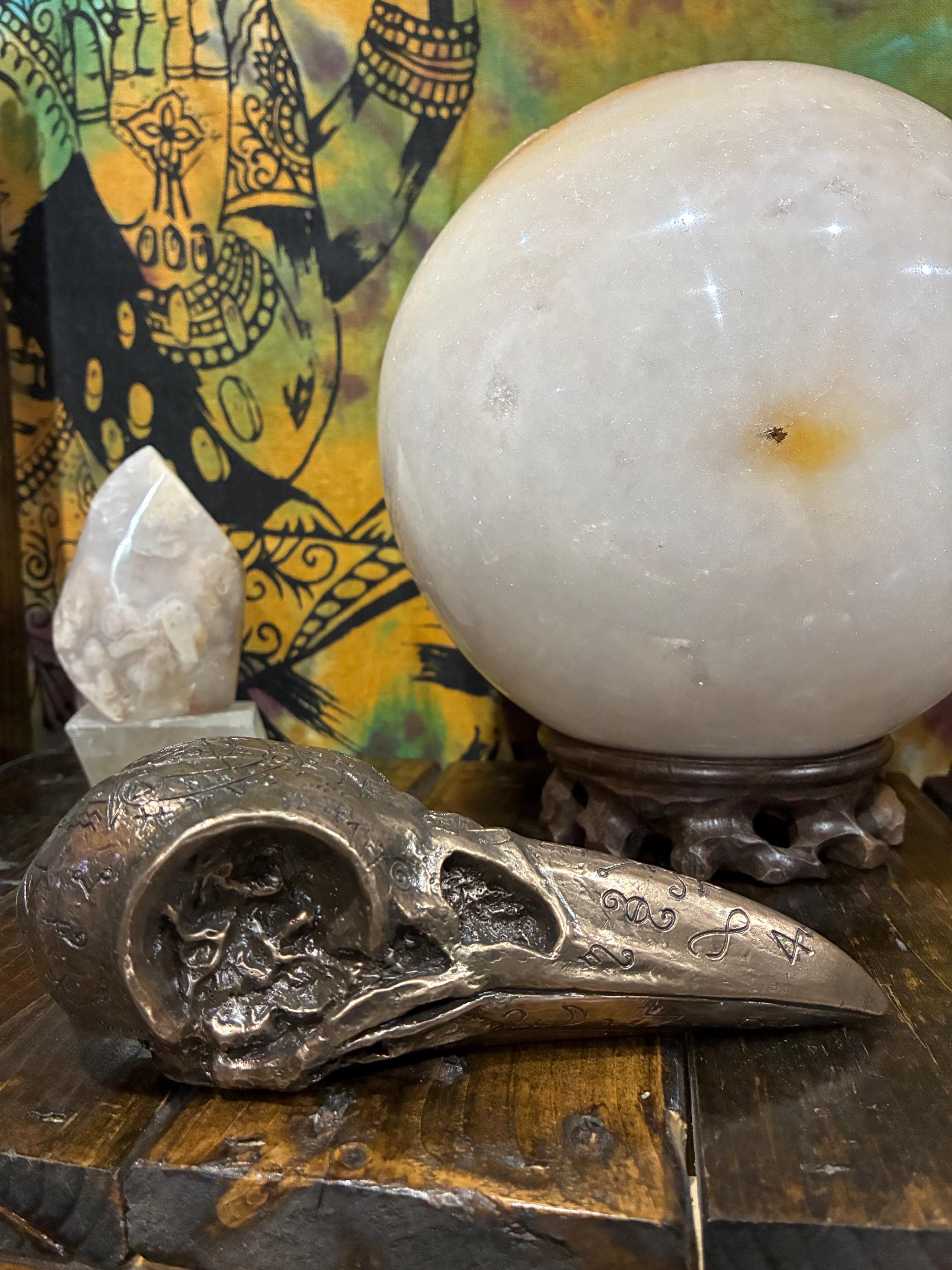 Bronze Cast Resin Raven Skull Sculpture | Gothic Occult Altar Decor