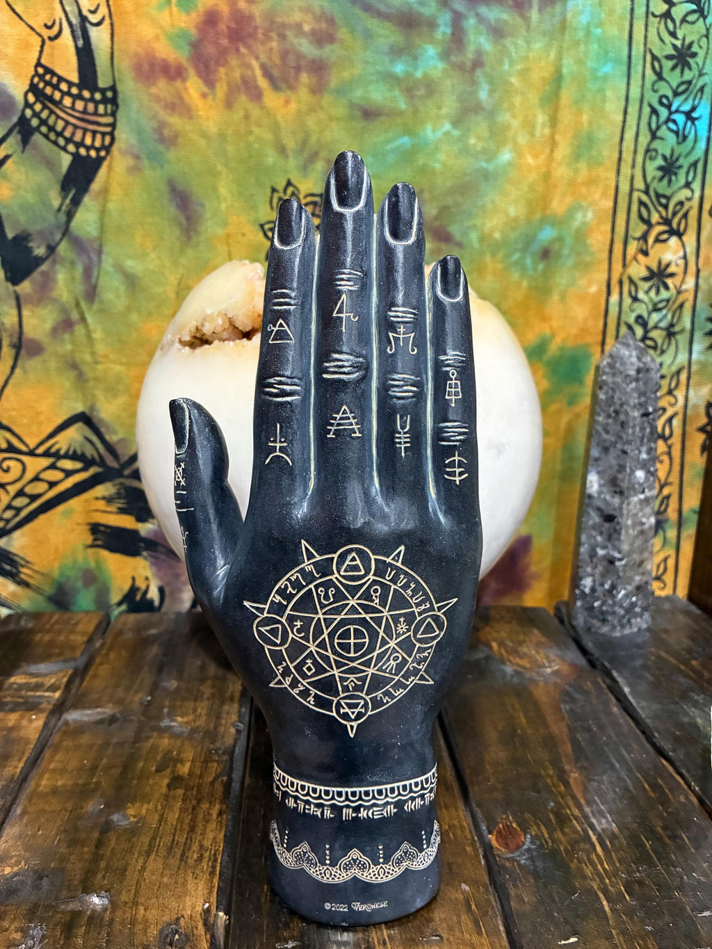 Mystic Hamsa Hand Statue | Black Gold Polystone Altar Decor, Astrology Symbols
