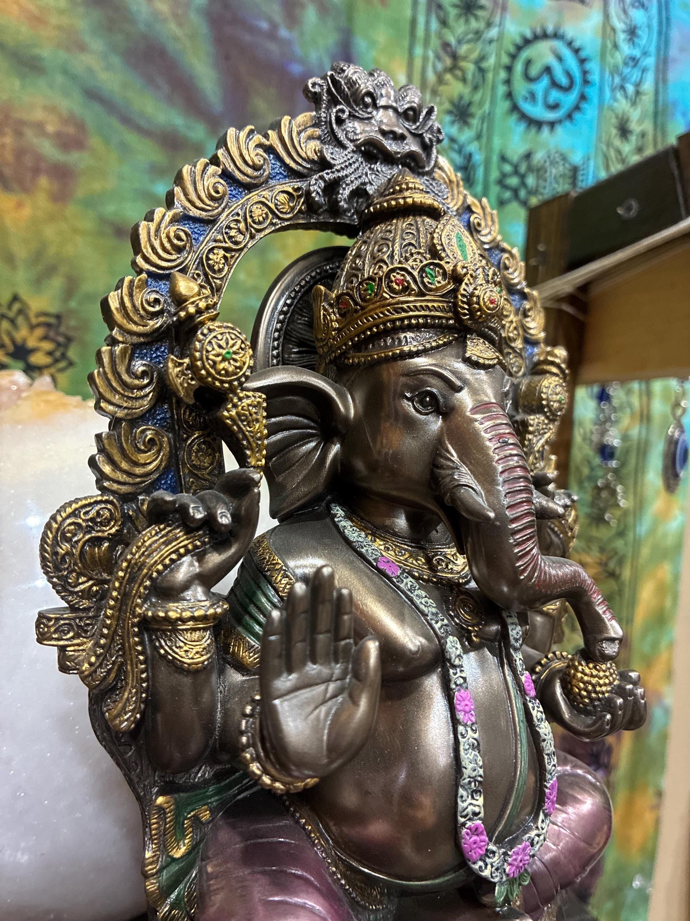 Ganesha Statue | Bronze Cast Resin, Lotus Base, Hindu Altar Decor