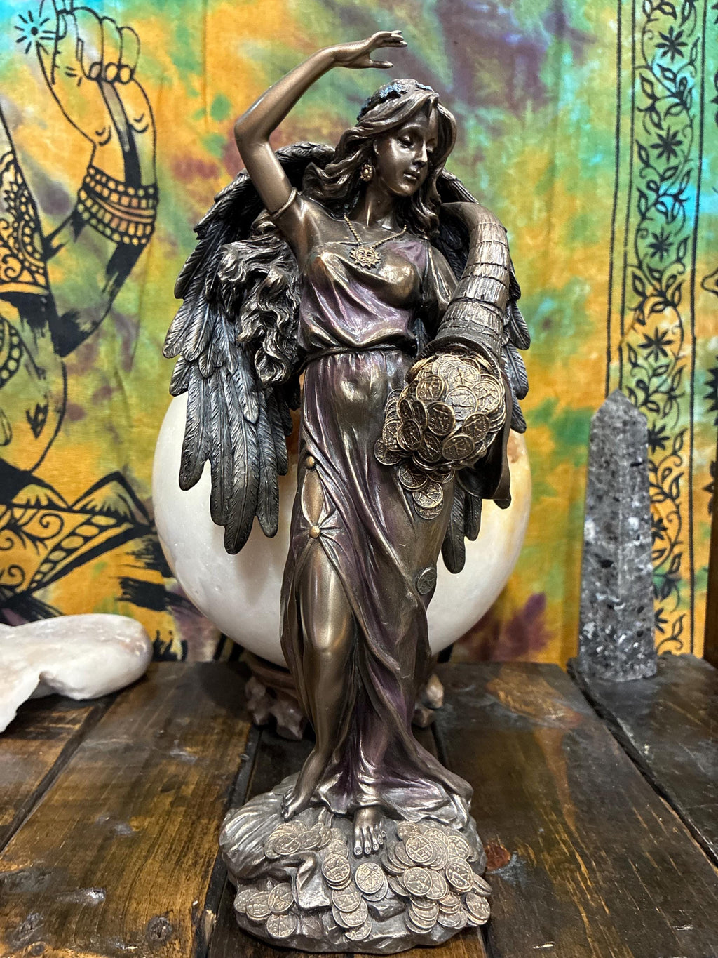 Fortuna Statue | Goddess of Luck Abundance & Prosperity | Cornucopia Money Coins | Pagan Altar Decor | Manifestation