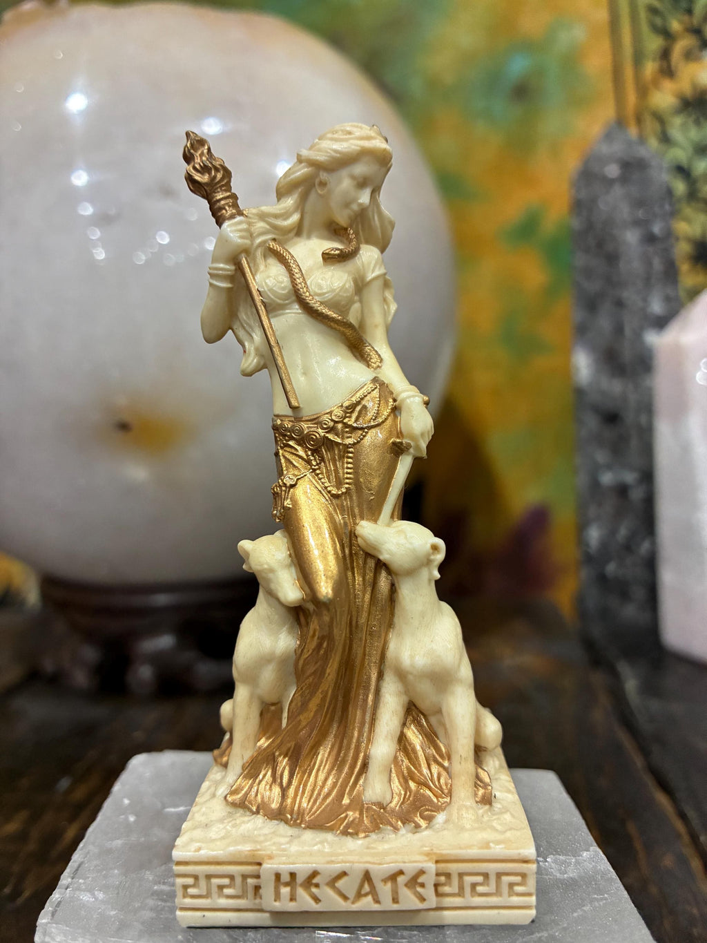 Cast Resin Hecate Statue | Greek Goddess Torch Serpent Altar Decor