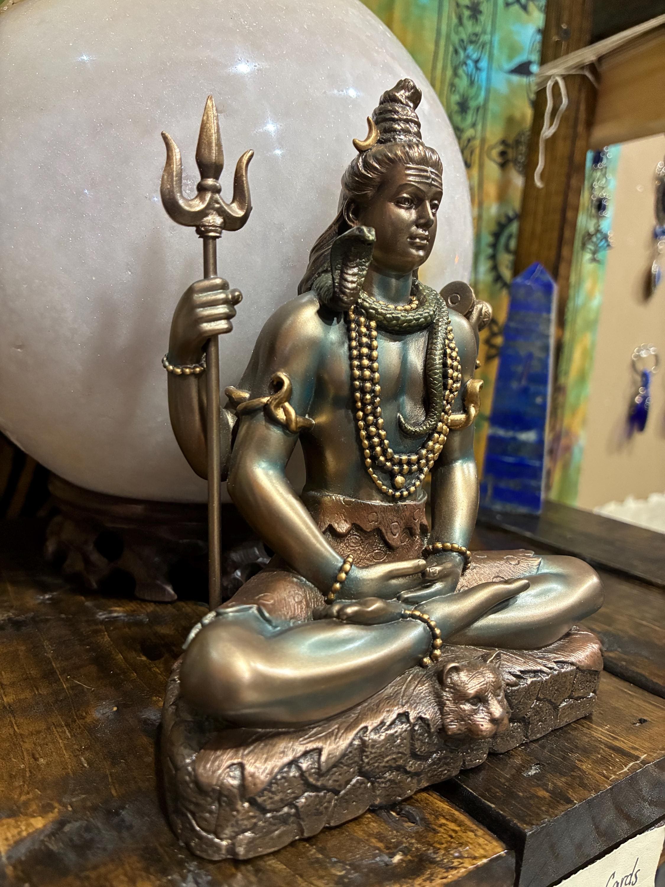 Shiva Statue — 6 1/4” (Meditation Pose) | Hindu Deity Altar Decor | Trident + Drum |