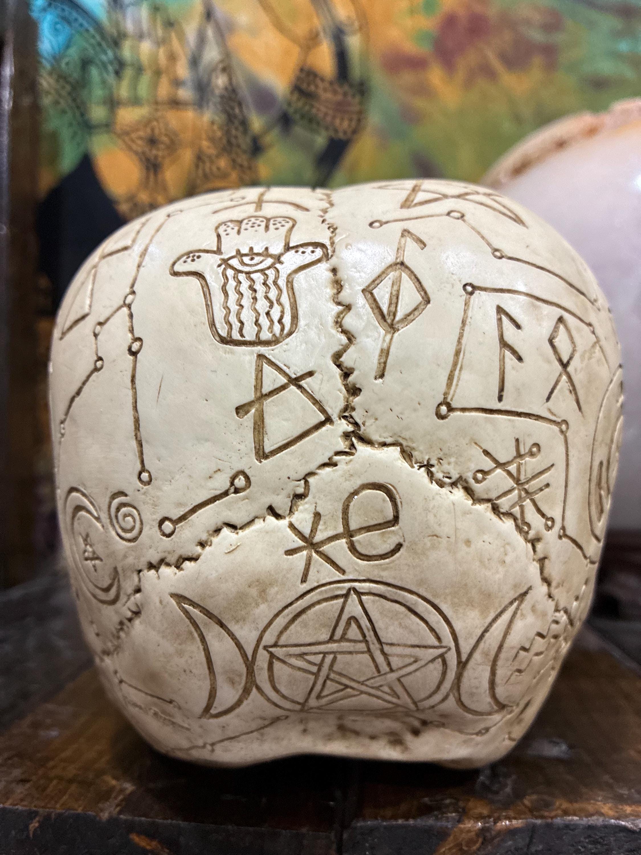 Ritual Skull Altar Decor | Engraved Sigil Polystone Occult Home 5 3/8 inches