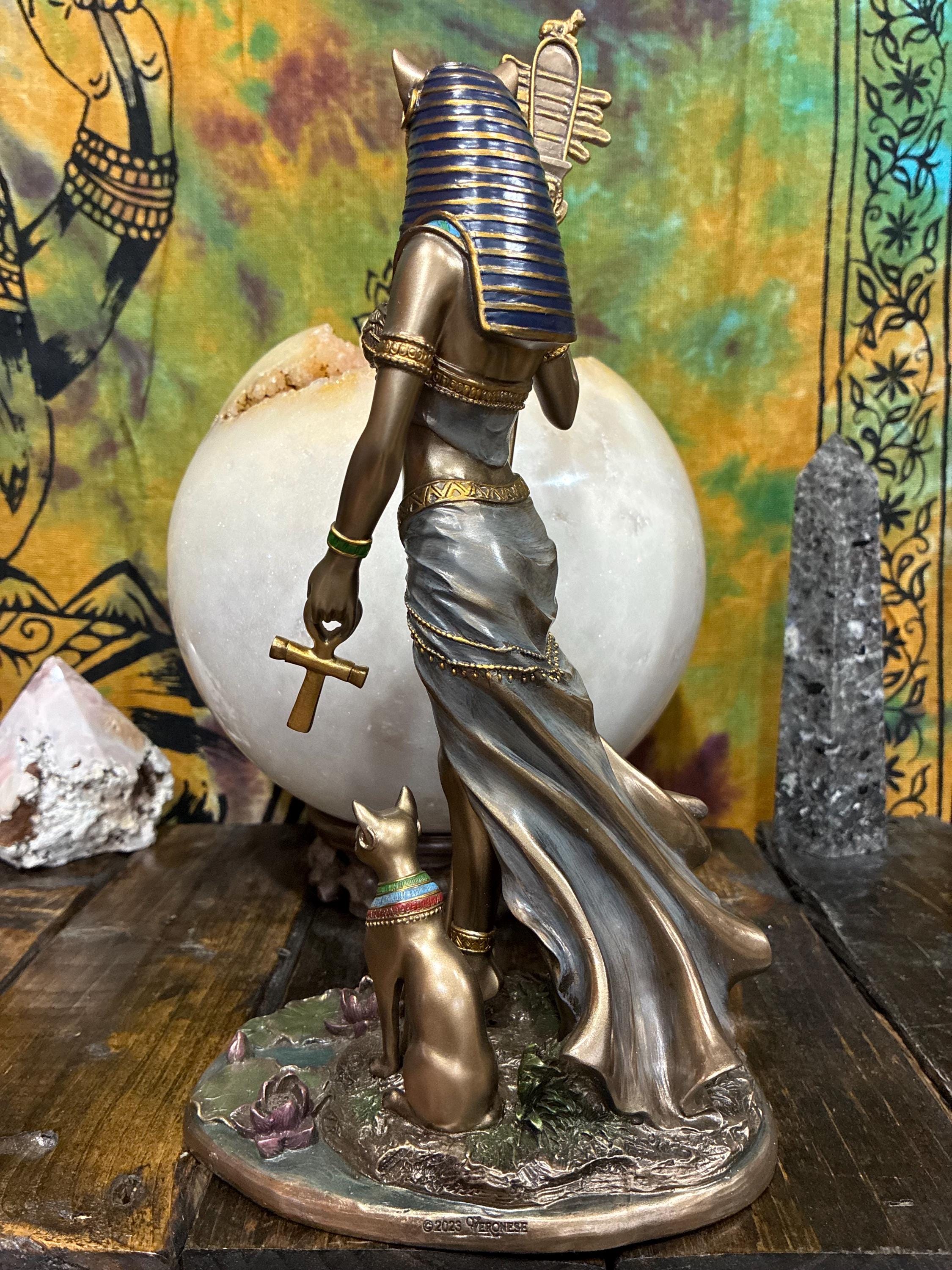 Bastet Statue 10 7/8" Bronze Cast Resin | Kemetic Cat Goddess Altar Decor, Home Blessings