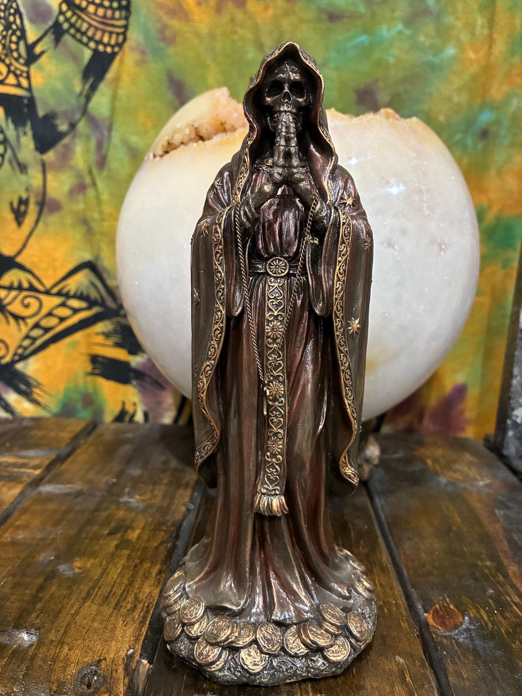 Rosario Muerte 7 1/2” — Gothic Santa Muerte Rosary Statue (Bronze Finish) | Altar Decor | Devotional Gift