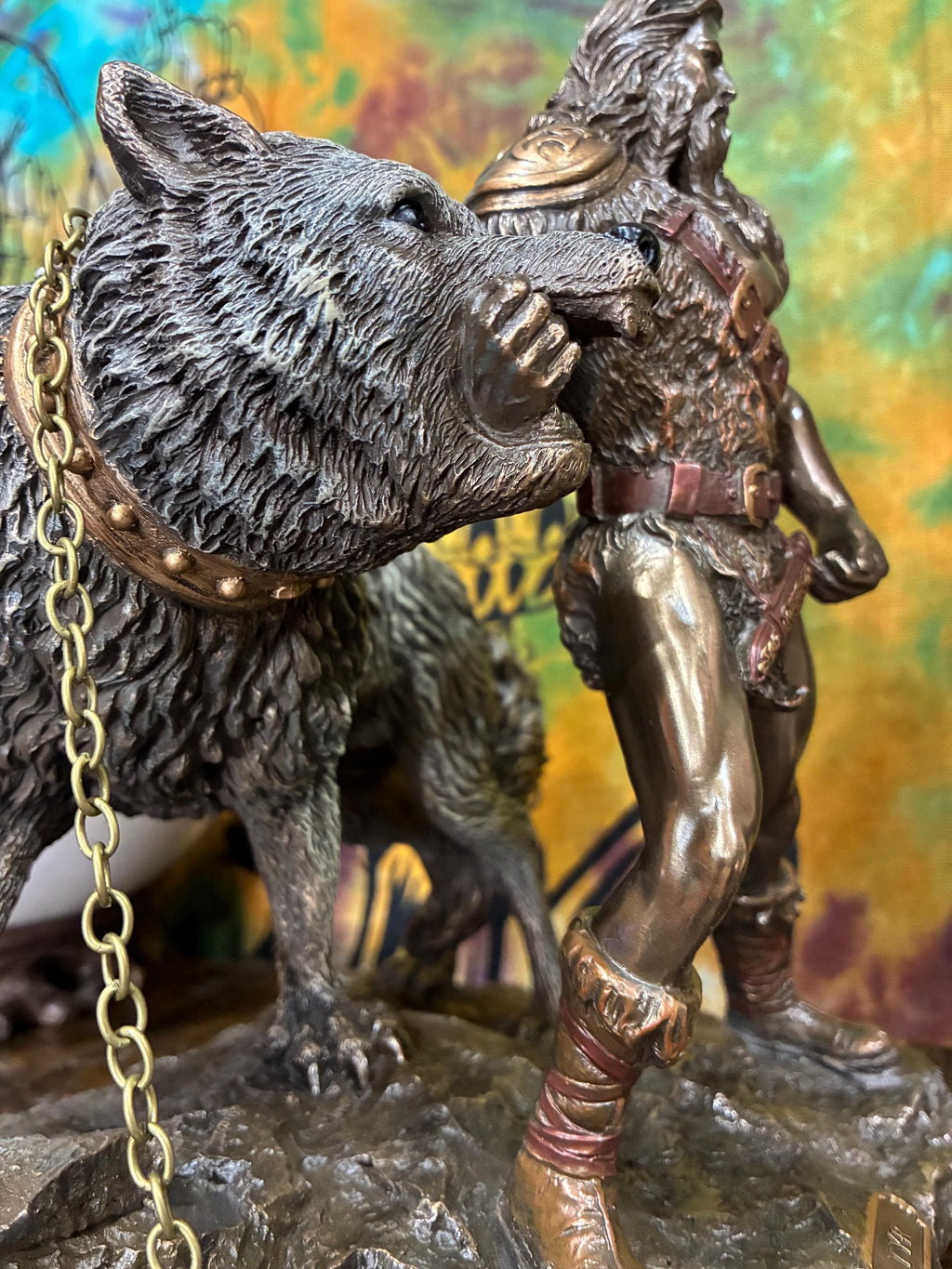 Týr Statue – Norse God of War, Justice, Fenrir Wolf Scene, Resin Viking Decor