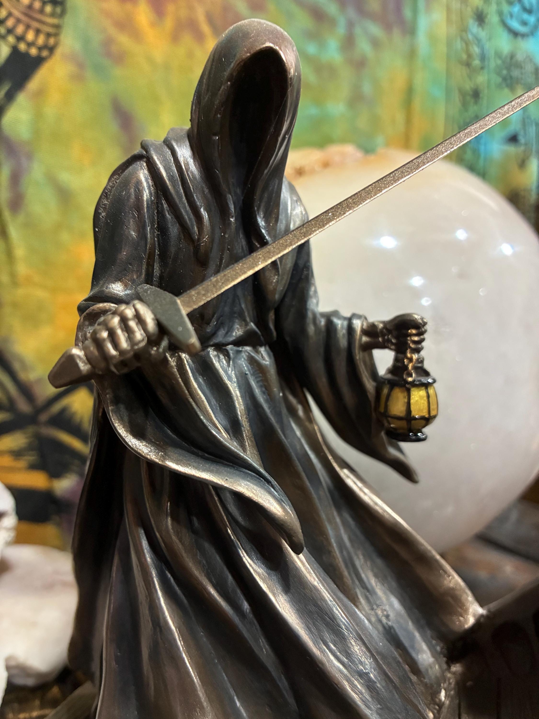 Dark Messenger Statue | Hooded Reaper with Sword & Lantern, Gothic Altar Decor