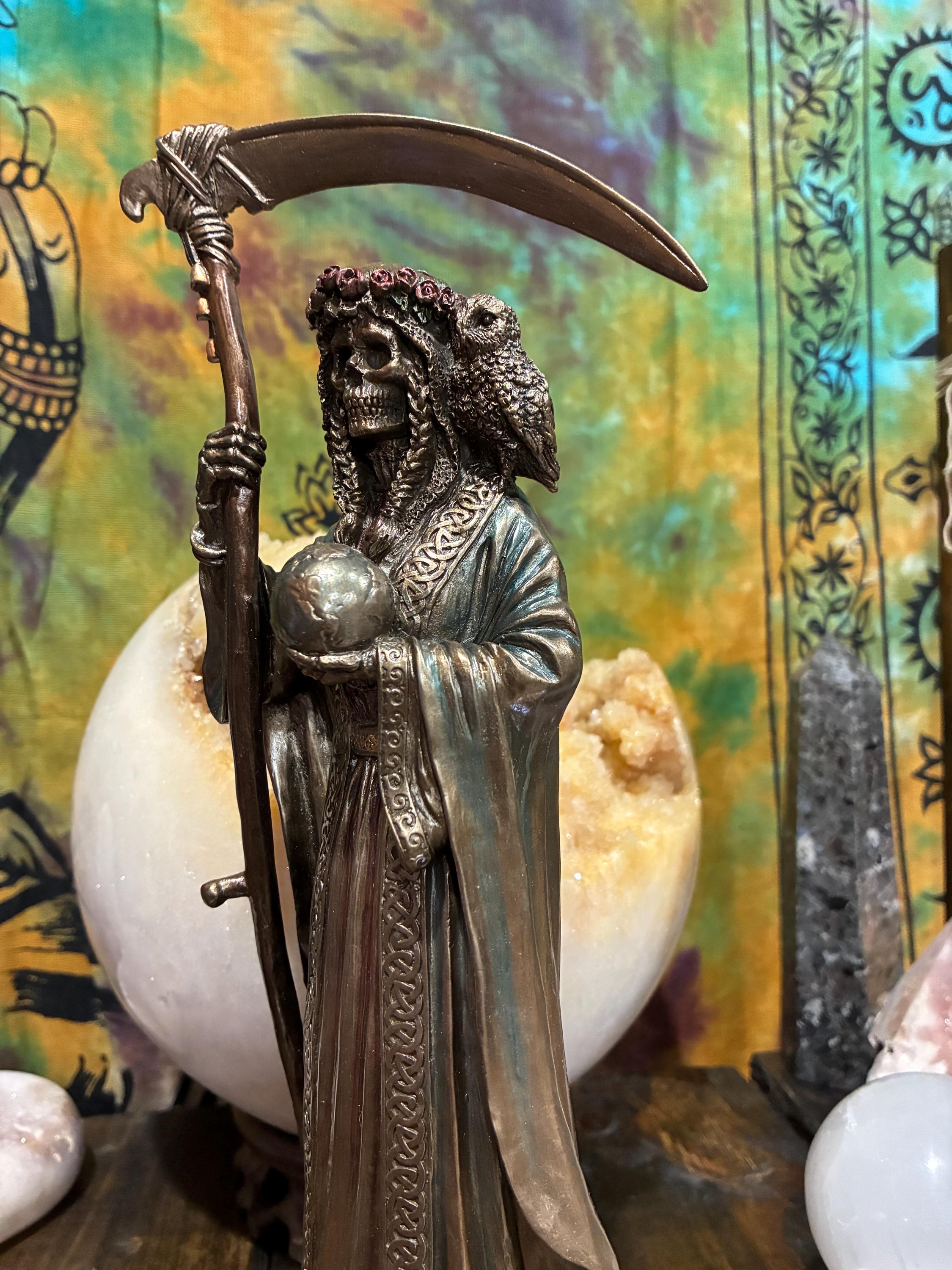 Santa Muerte Statue - Veronese Collection Bronze Finish - Holy Death Altar Figure with Owl & Scythe - 10" Resin Devotional Statue for Pro